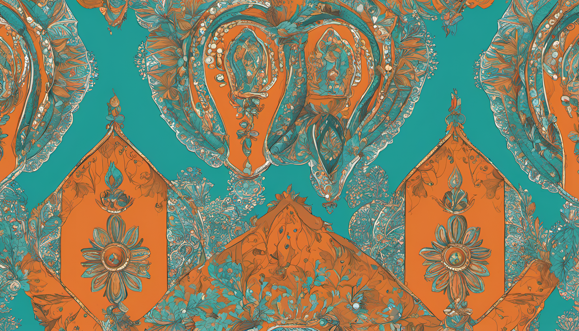 Vibrant boho-inspired turquoise and orange pattern on a HD desktop wallpaper.