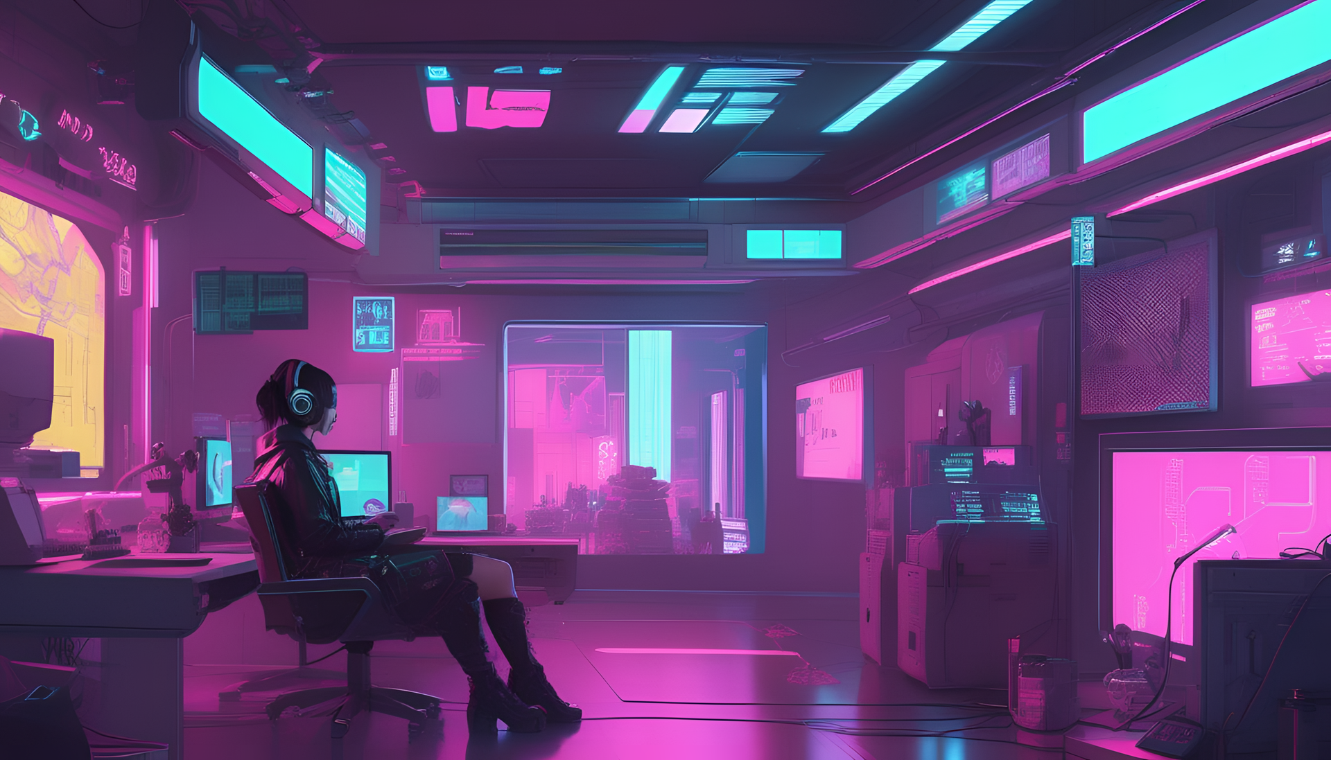 Cyberpunk-inspired cute aesthetic desktop wallpaper.