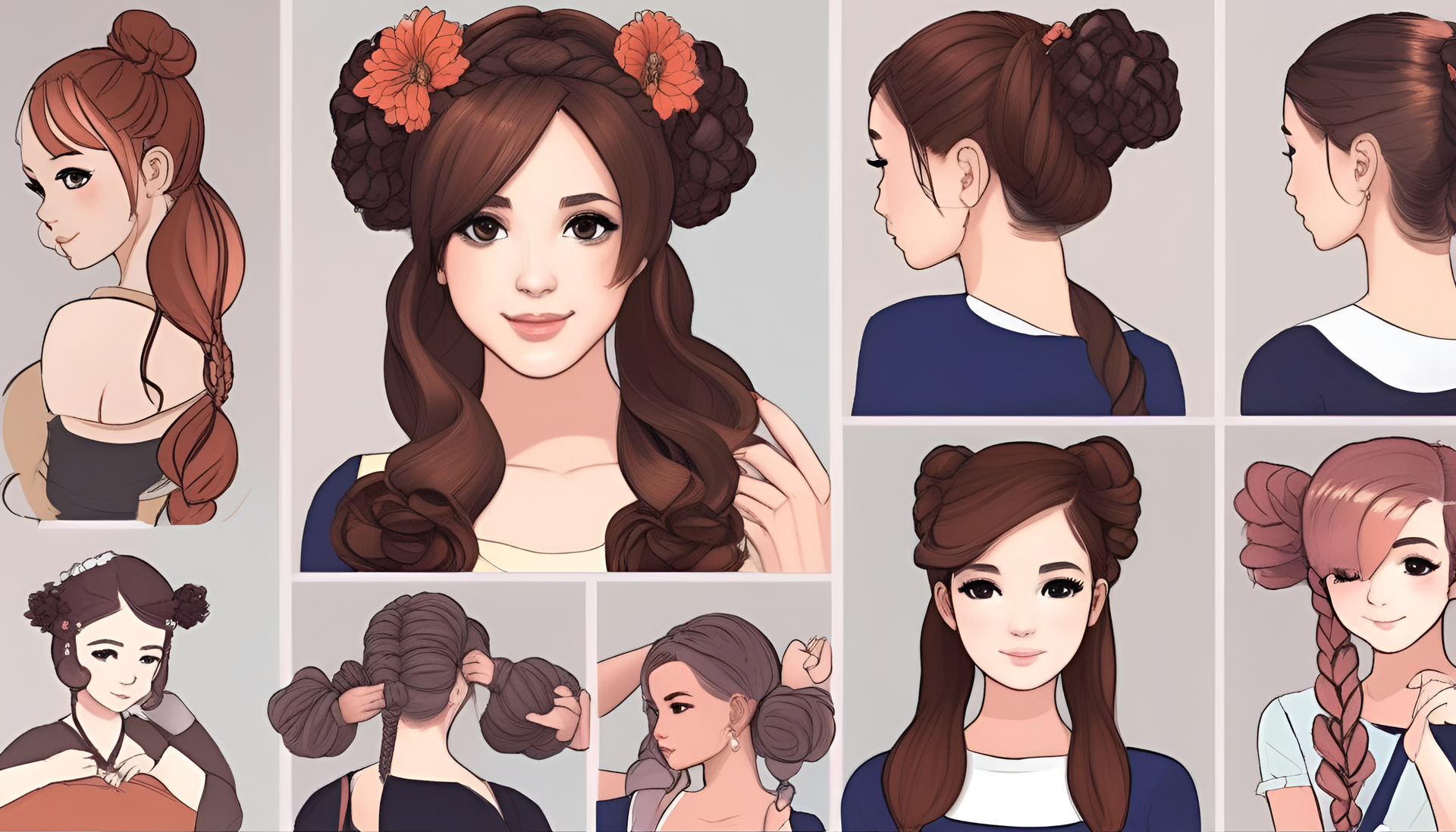 Cute and stylish hairstyles arranged in a colorful pattern.