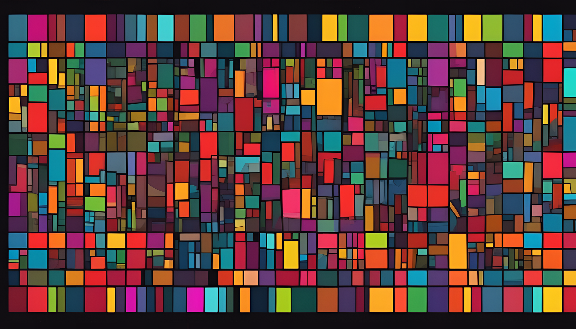 Abstract interplay of vibrant tetradic colors on a dark background.