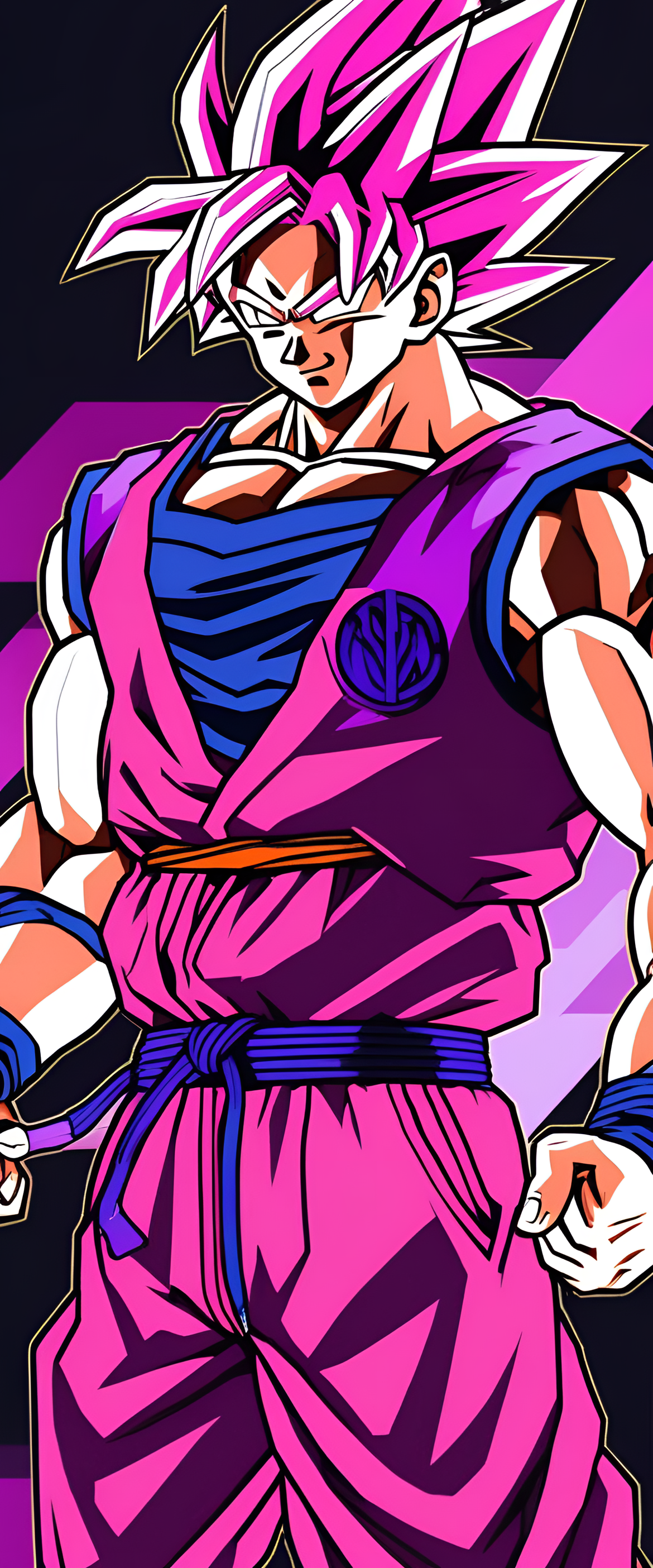 Colorful depiction of Goku in pink and purple tones, creating a vibrant phone wallpaper.