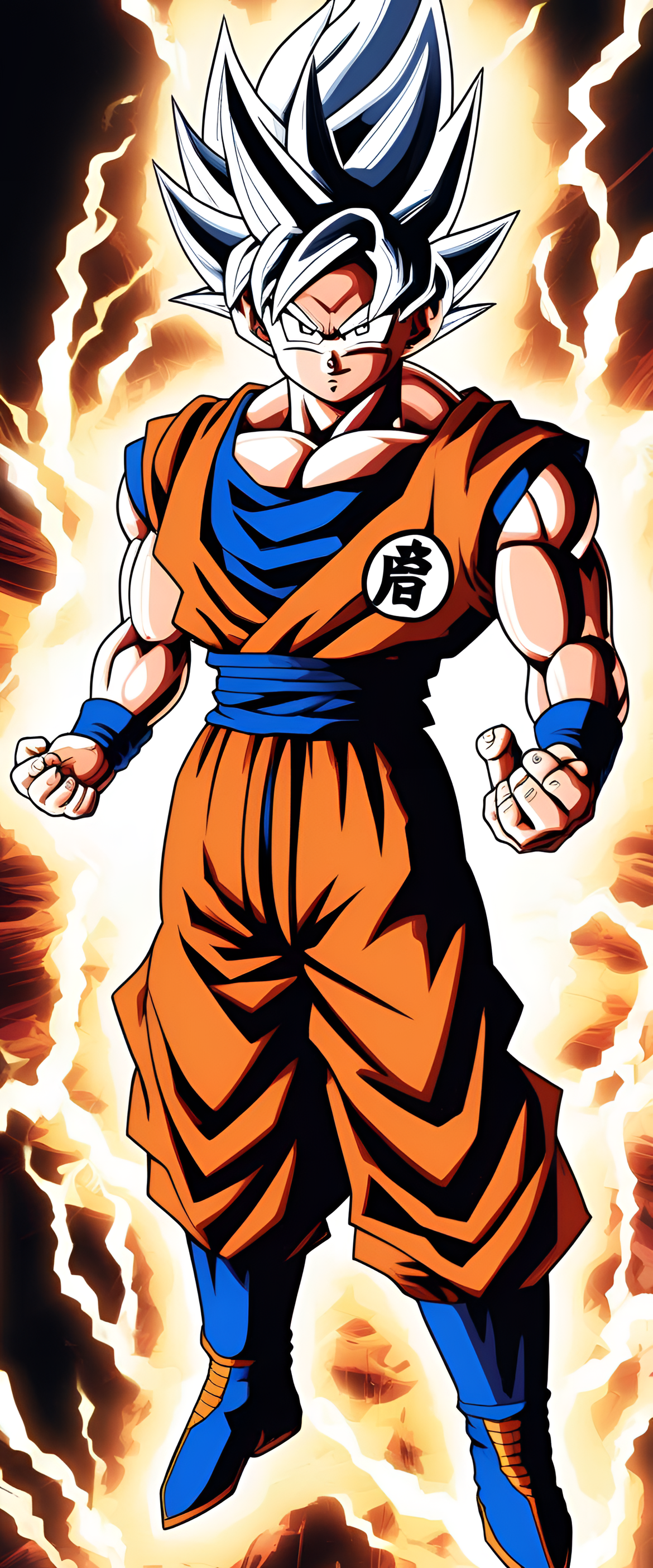 Goku in powerful Ultra Instinct form, radiating intense energy.