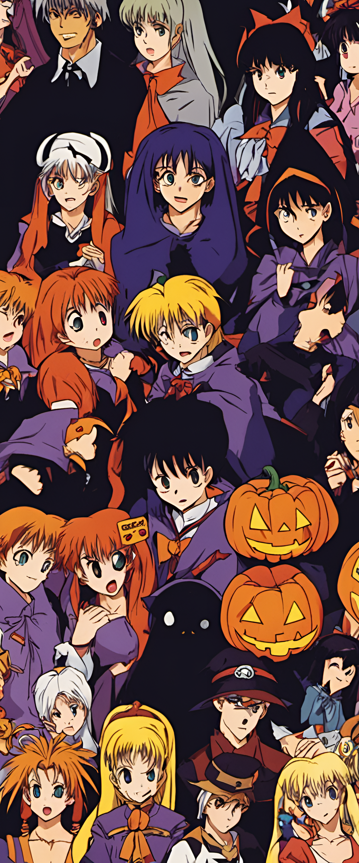 1990s style anime Halloween scene with vibrant colors and spooky characters.