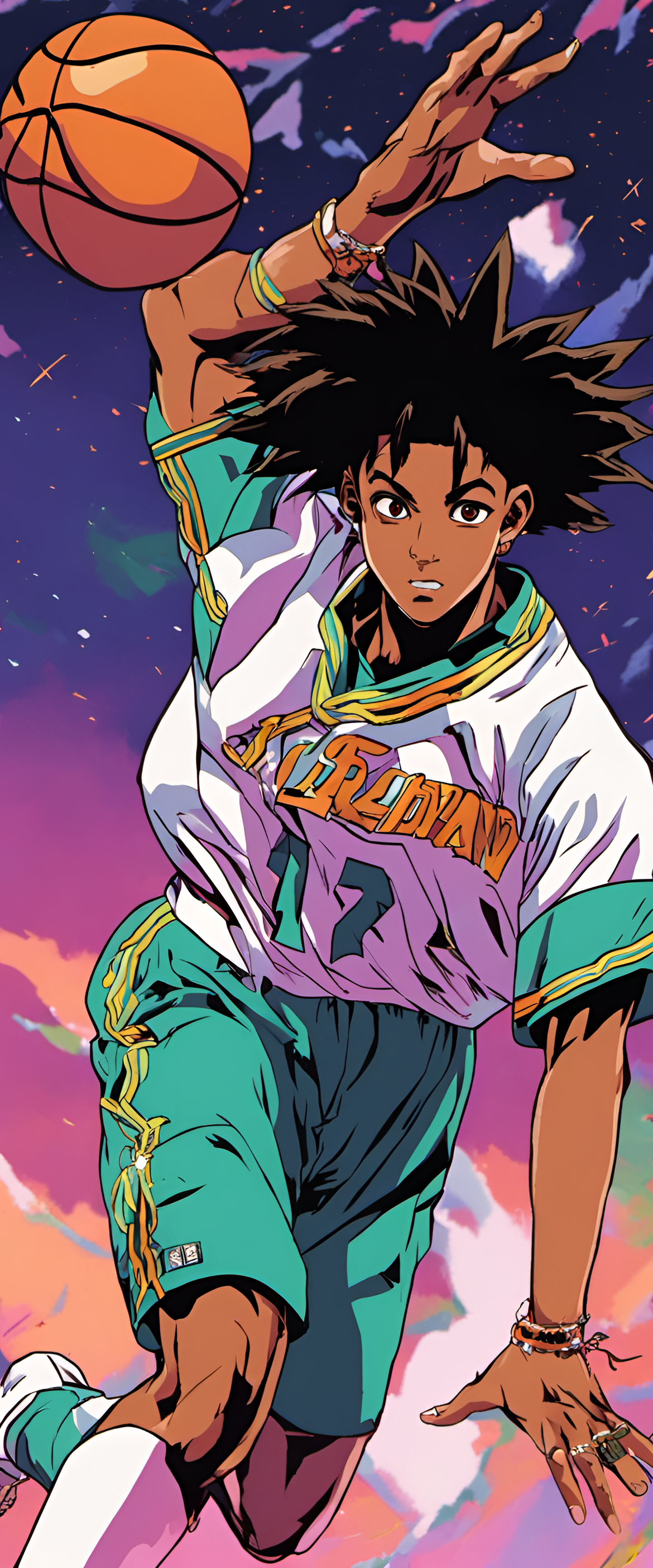 Vibrant 1990s anime-style wallpaper featuring Ja Morant.