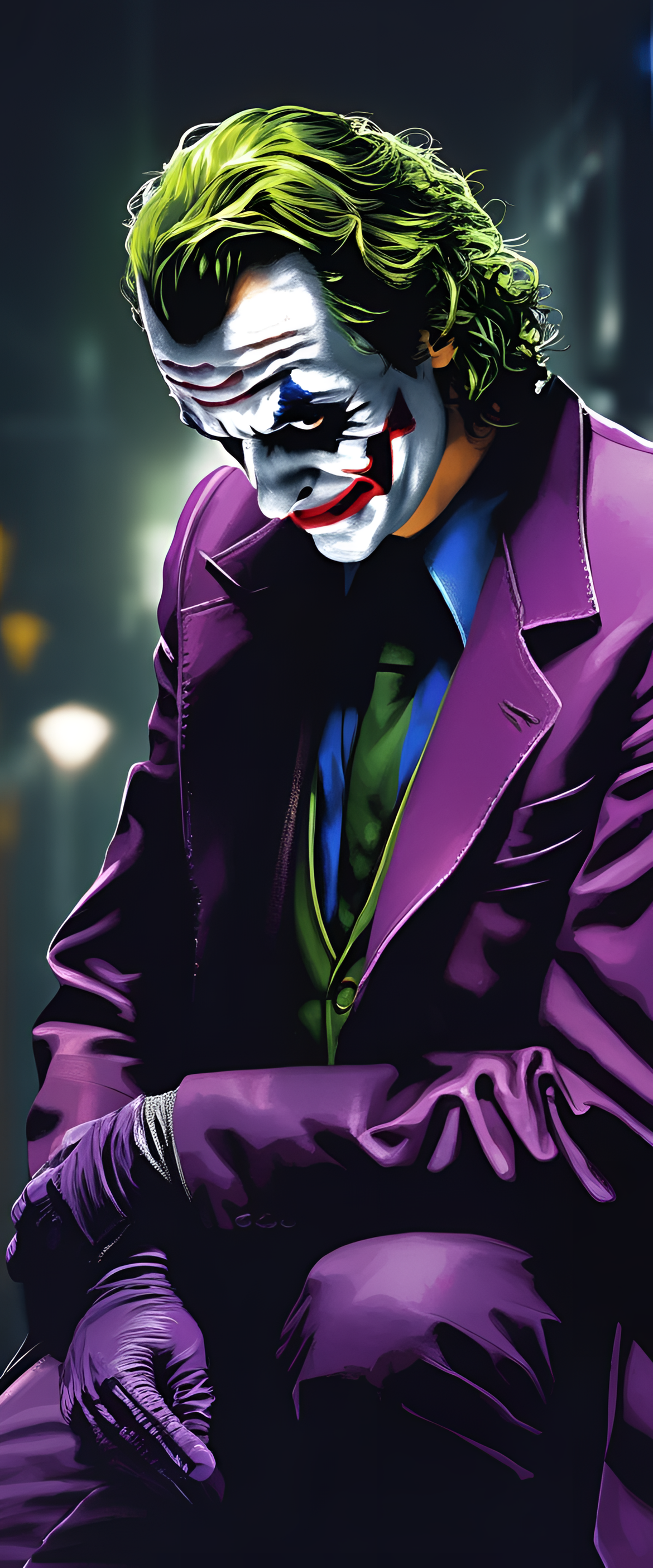 Sinister Joker with a maniacal grin against a dark backdrop.