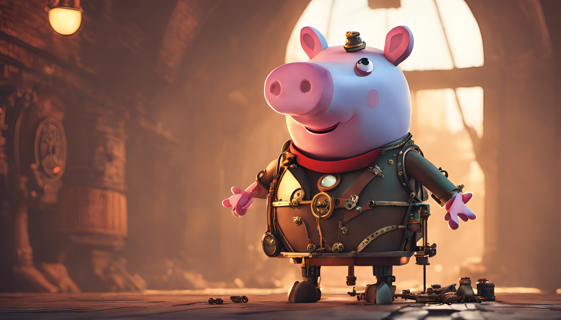 Steampunk Peppa Pig with cinematic lighting.