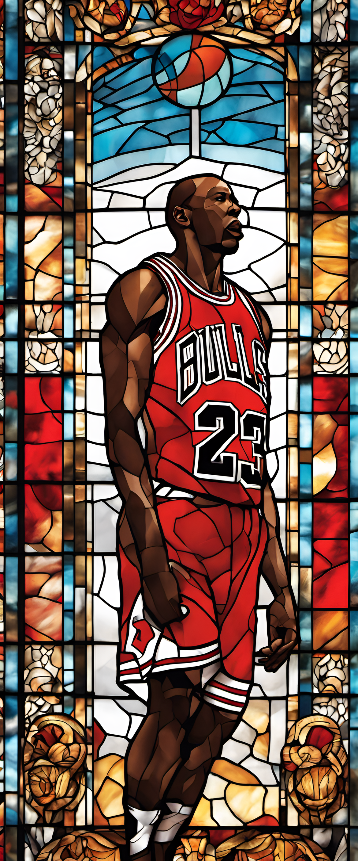 Michael Jordan in a vibrant stained glass design.