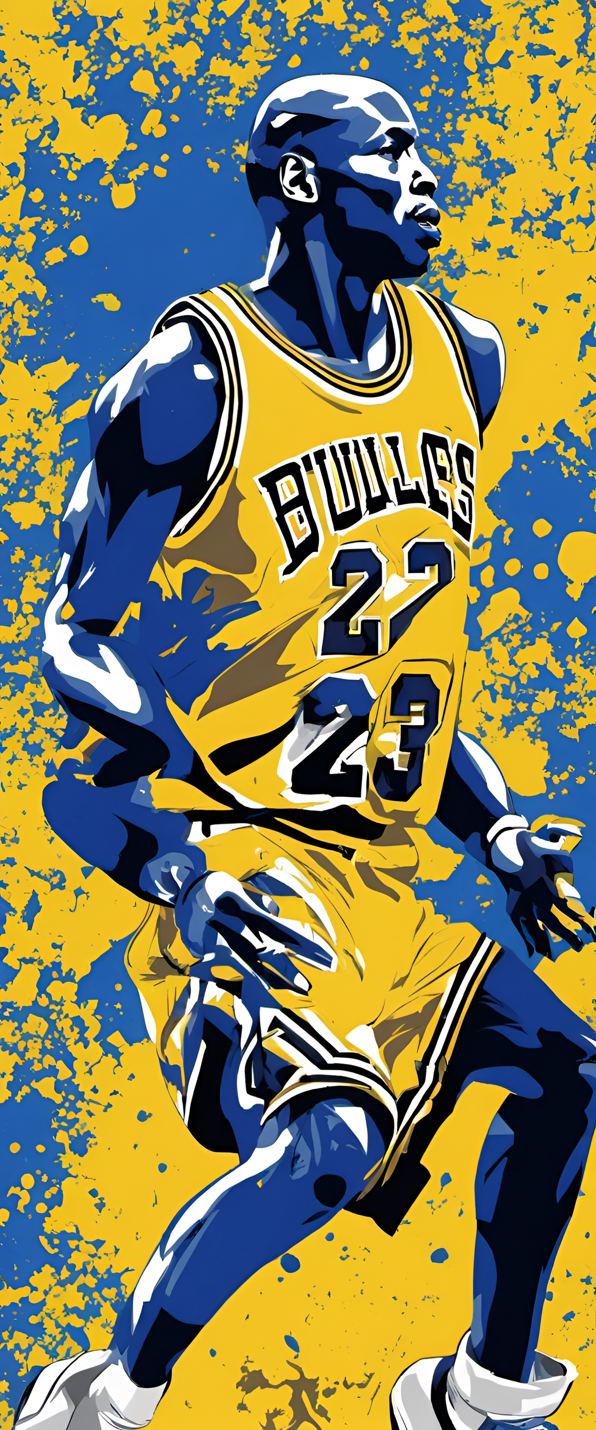 Michael Jordan in blue and yellow colors on a phone wallpaper.