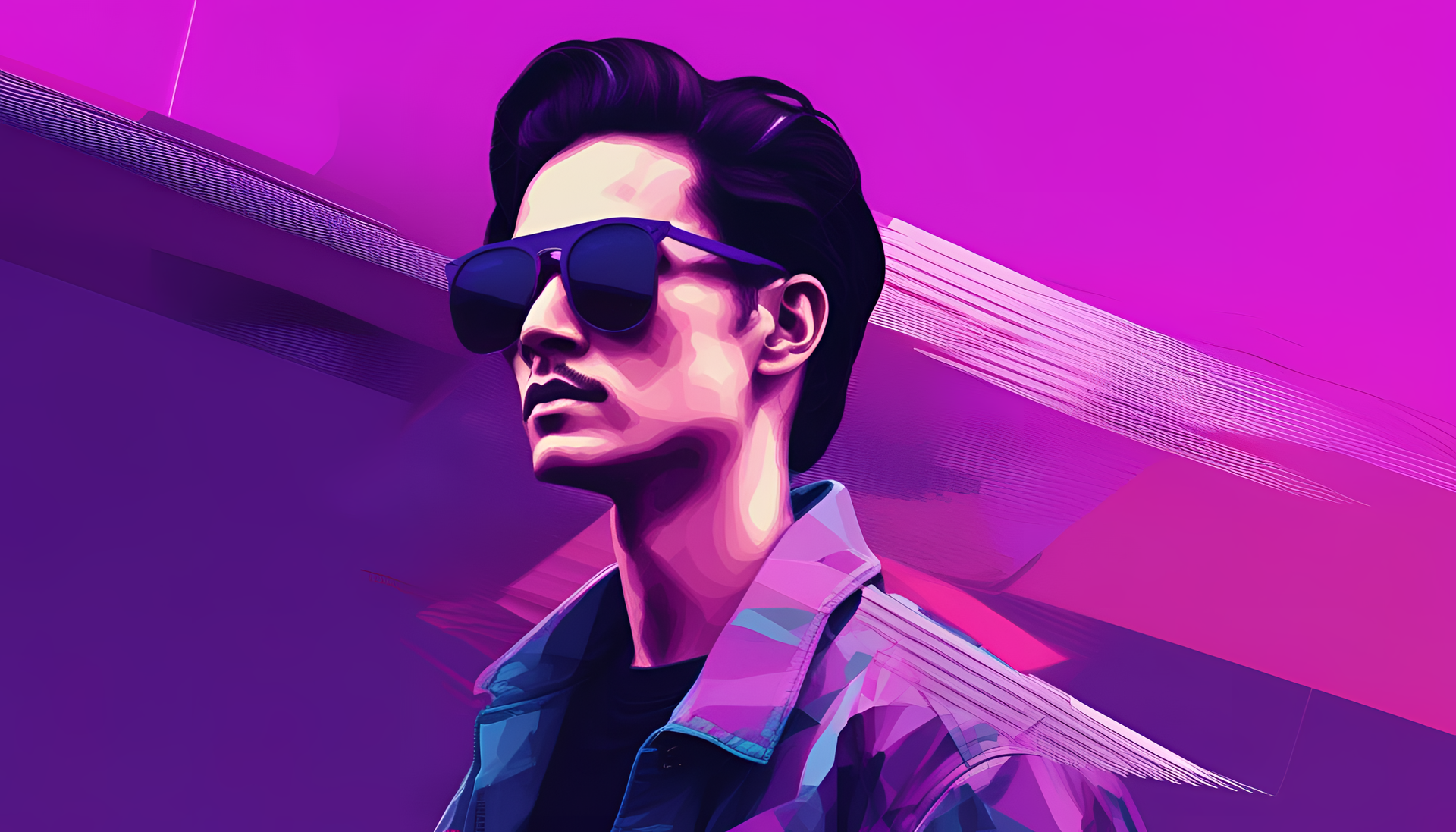 A vibrant glitch art background featuring purple hues and stylish sunglasses.