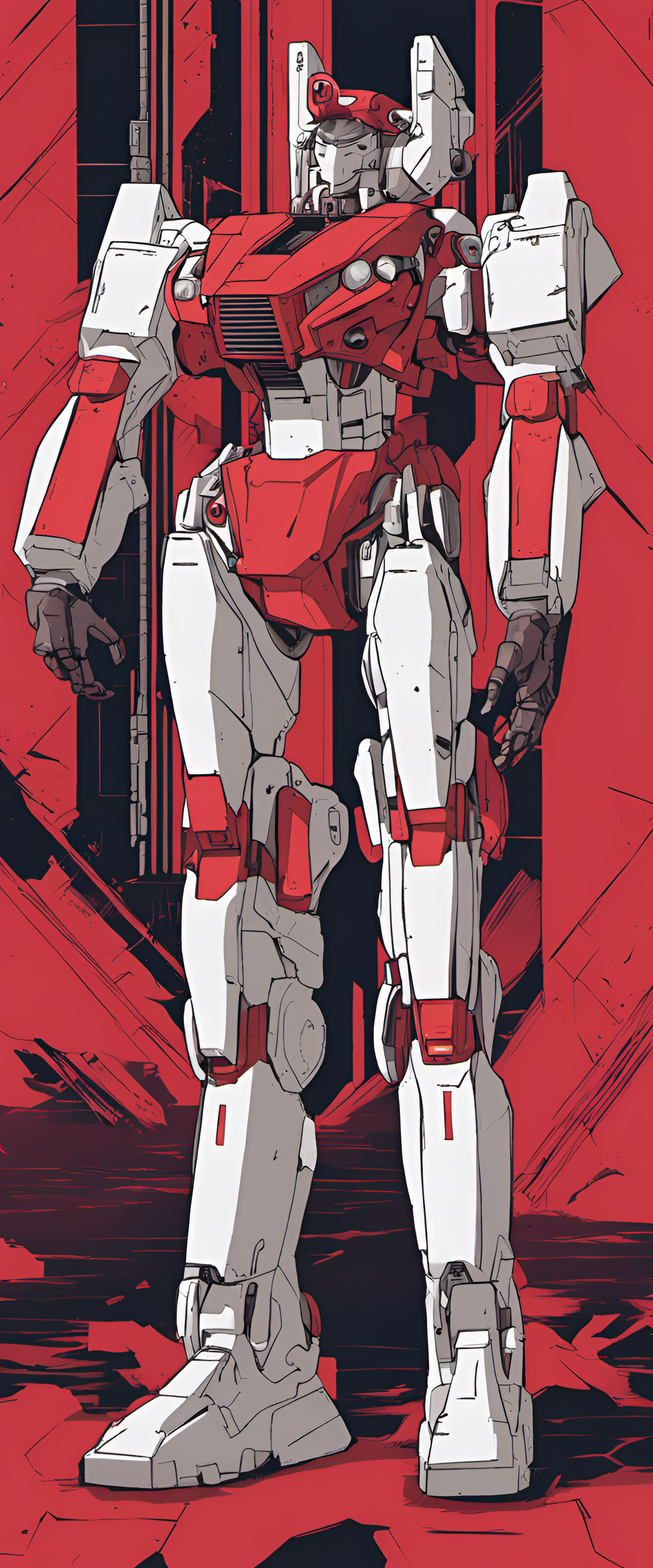 90's style mech anime themed red wallpaper.