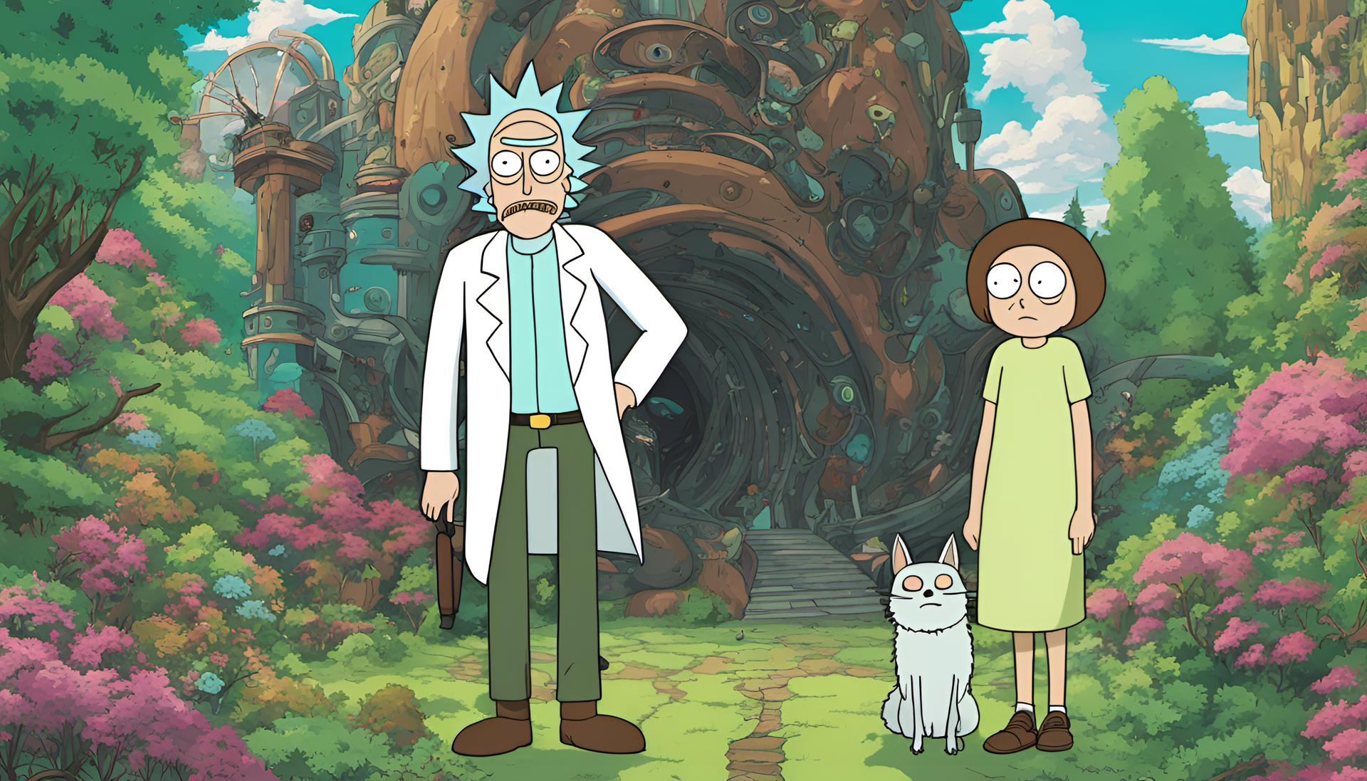 Rick and Morty in Studio Ghibli style, matte wallpaper.