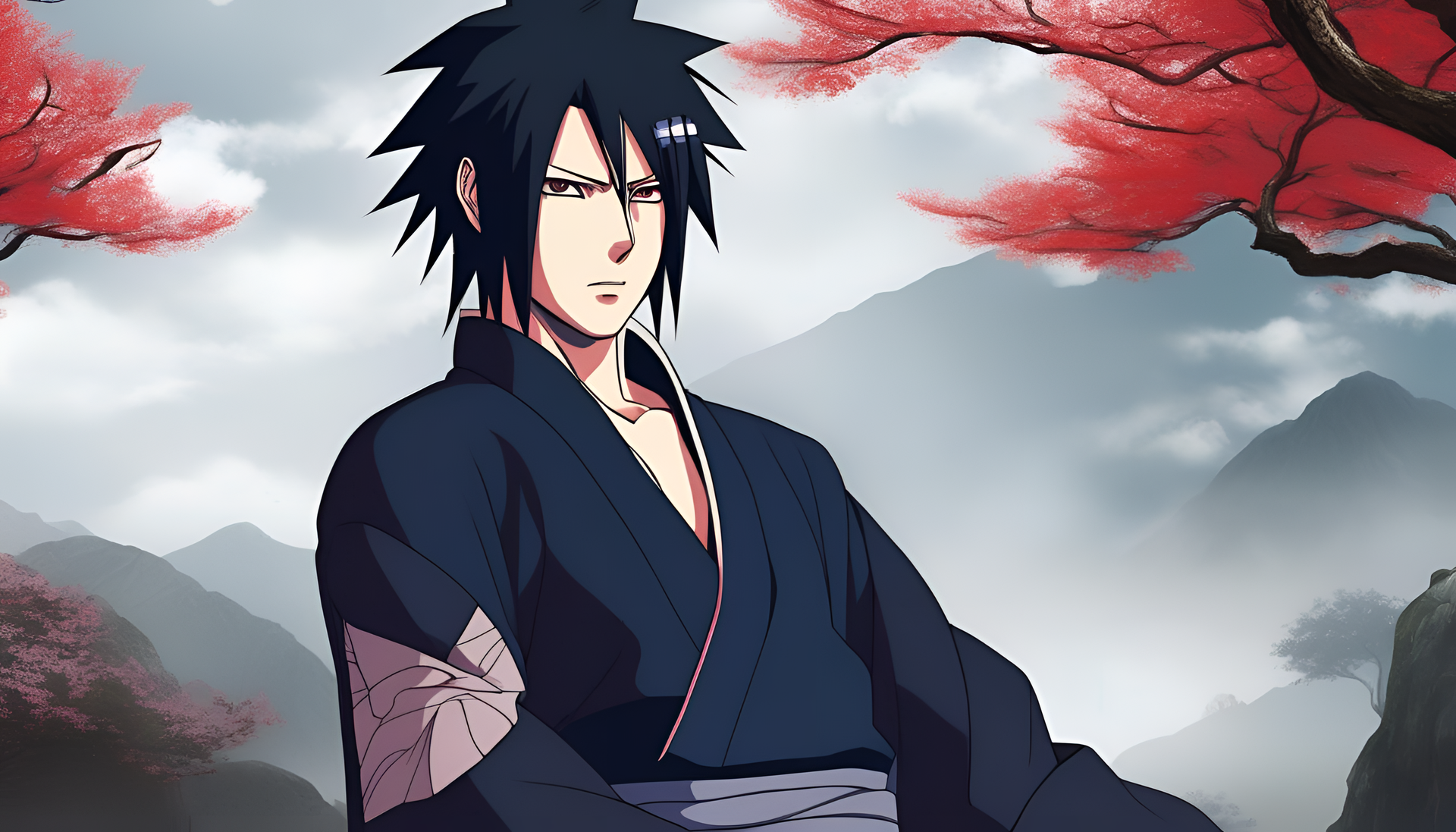 Elegant Sasuke standing proudly against a dark background.