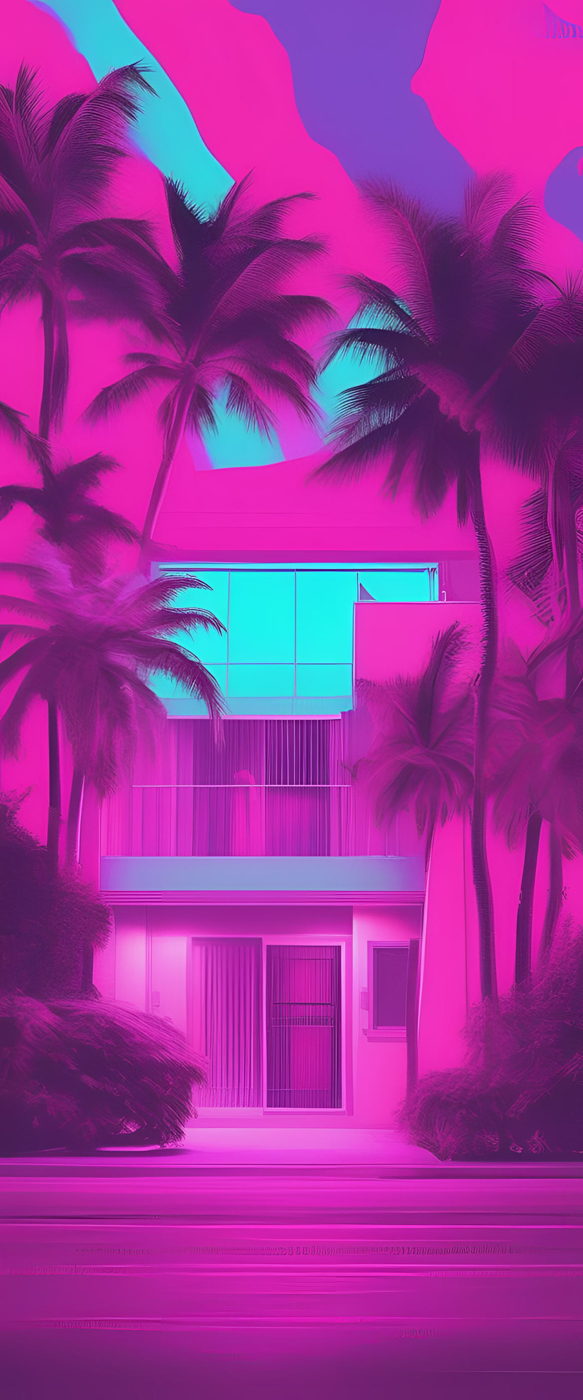 Distorted neon skull in a vaporwave aesthetic background.