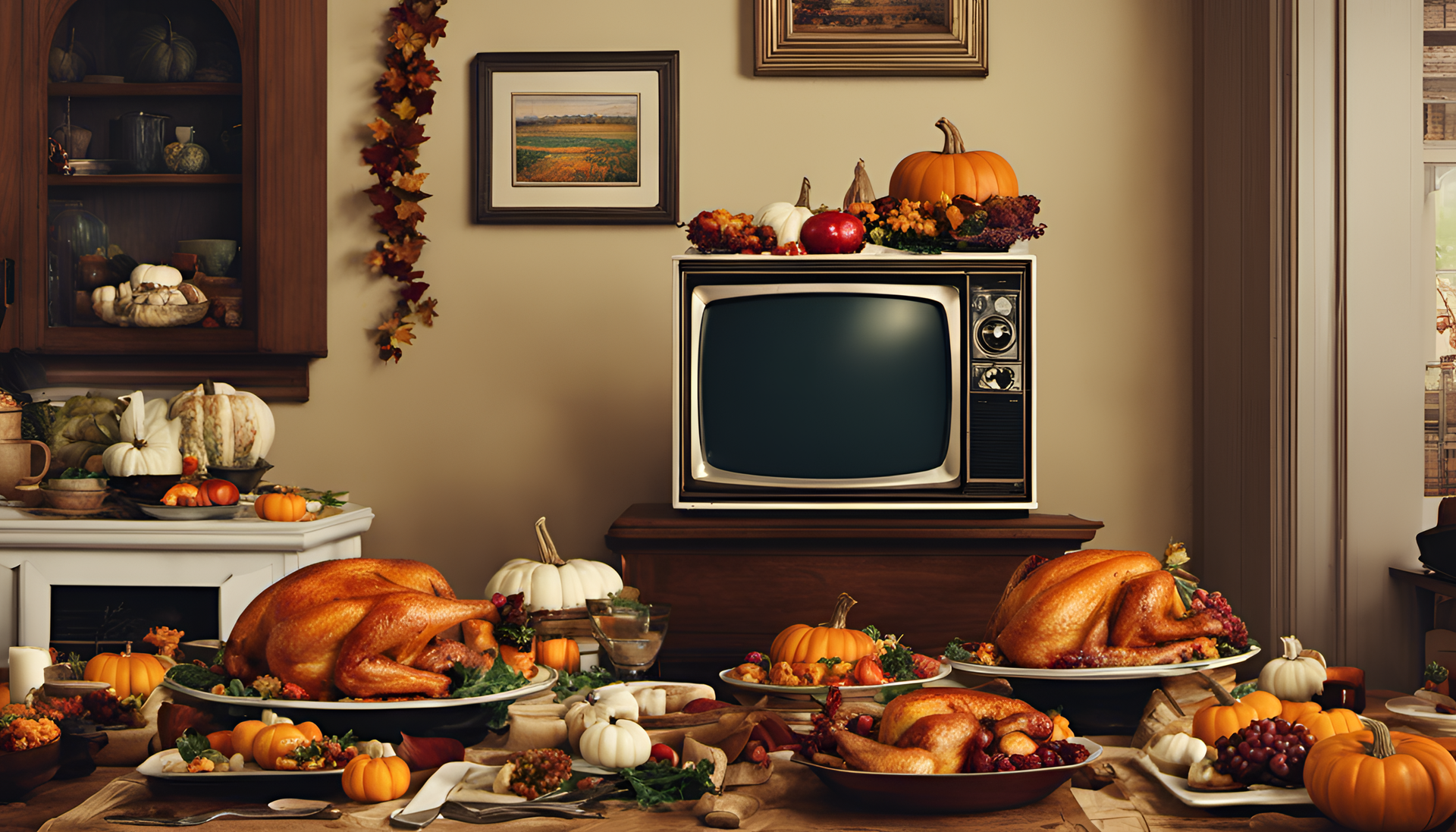 Thanksgiving feast with glitchy TV effect