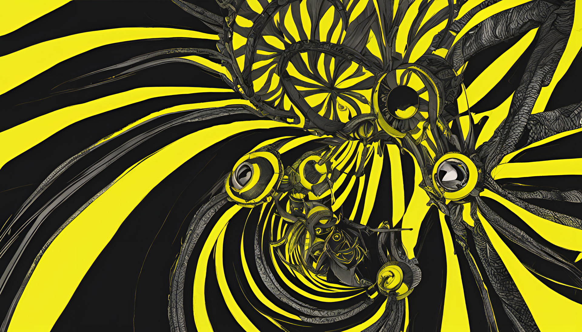 Vibrant yellow swirls on dark background.