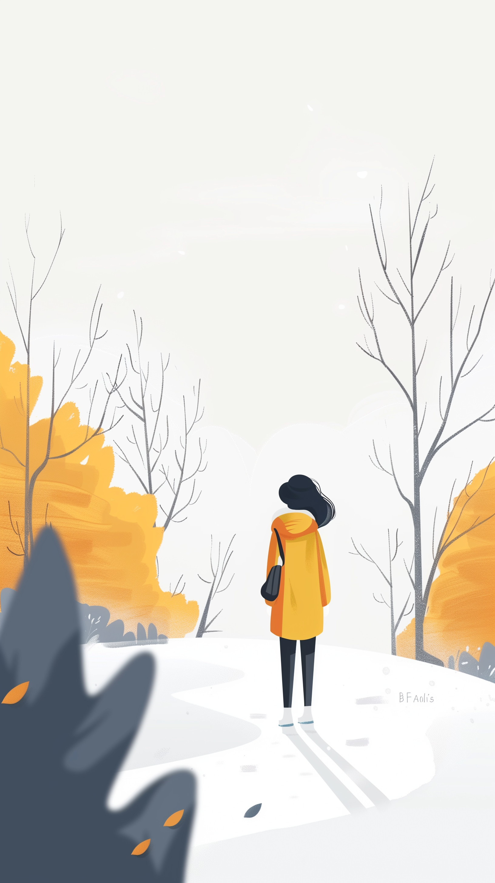 Illustrated phone wallpaper featuring a woman in a yellow coat and scarf standing on a white path amidst fall foliage, with bare trees in the background.