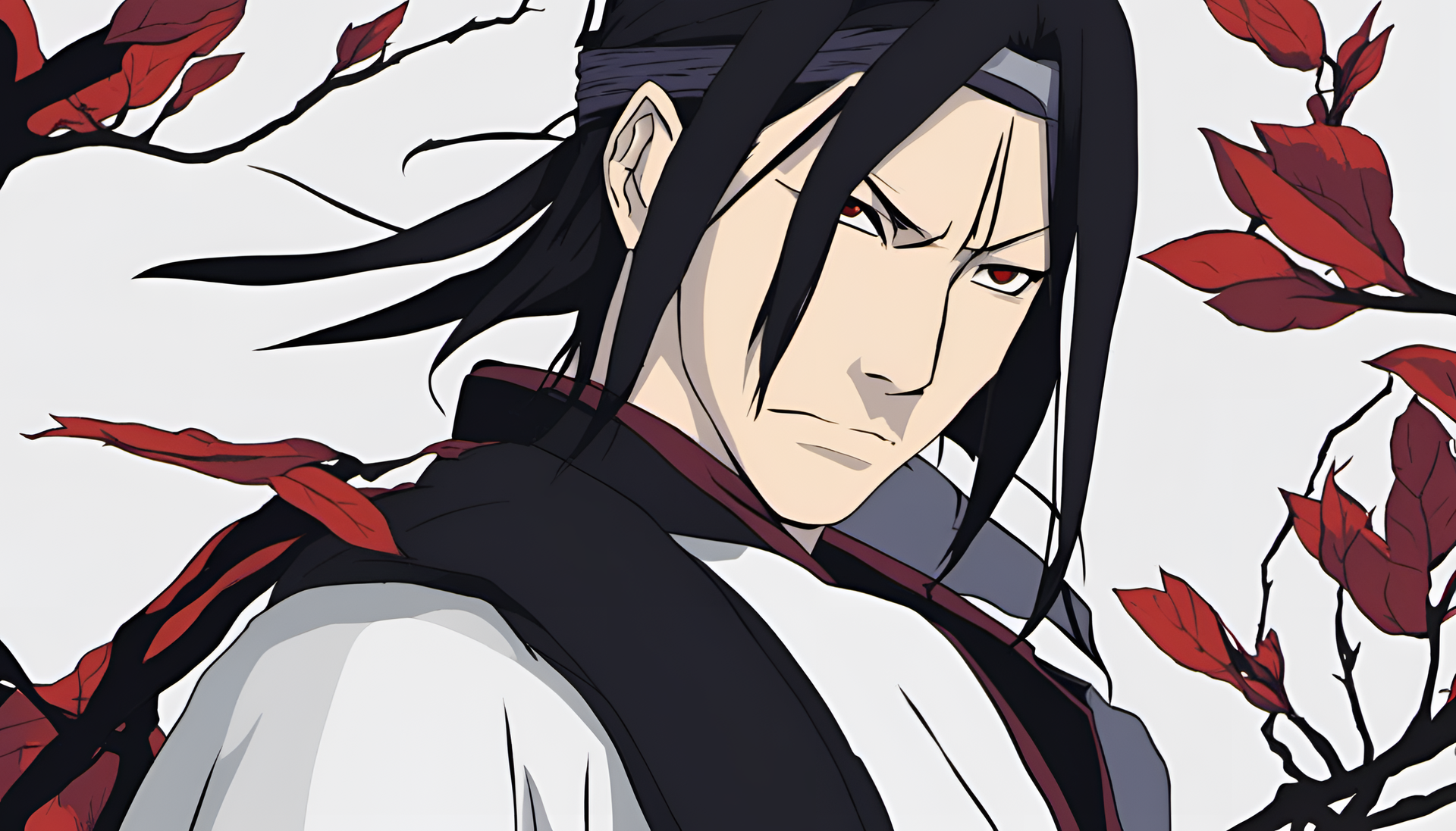 Itachi Uchiha standing with red background.