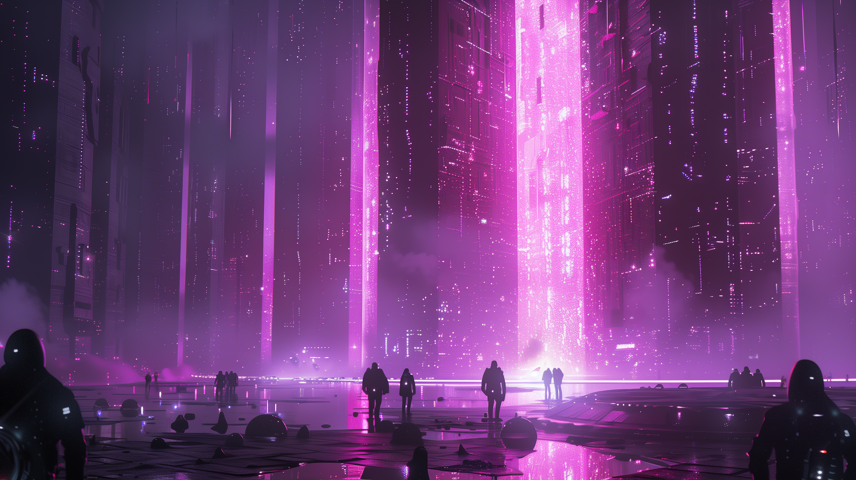 An HD desktop wallpaper showcasing a sci-fi city with towering, neon-lit skyscrapers and shadowy figures walking amidst glowing pink light structures.