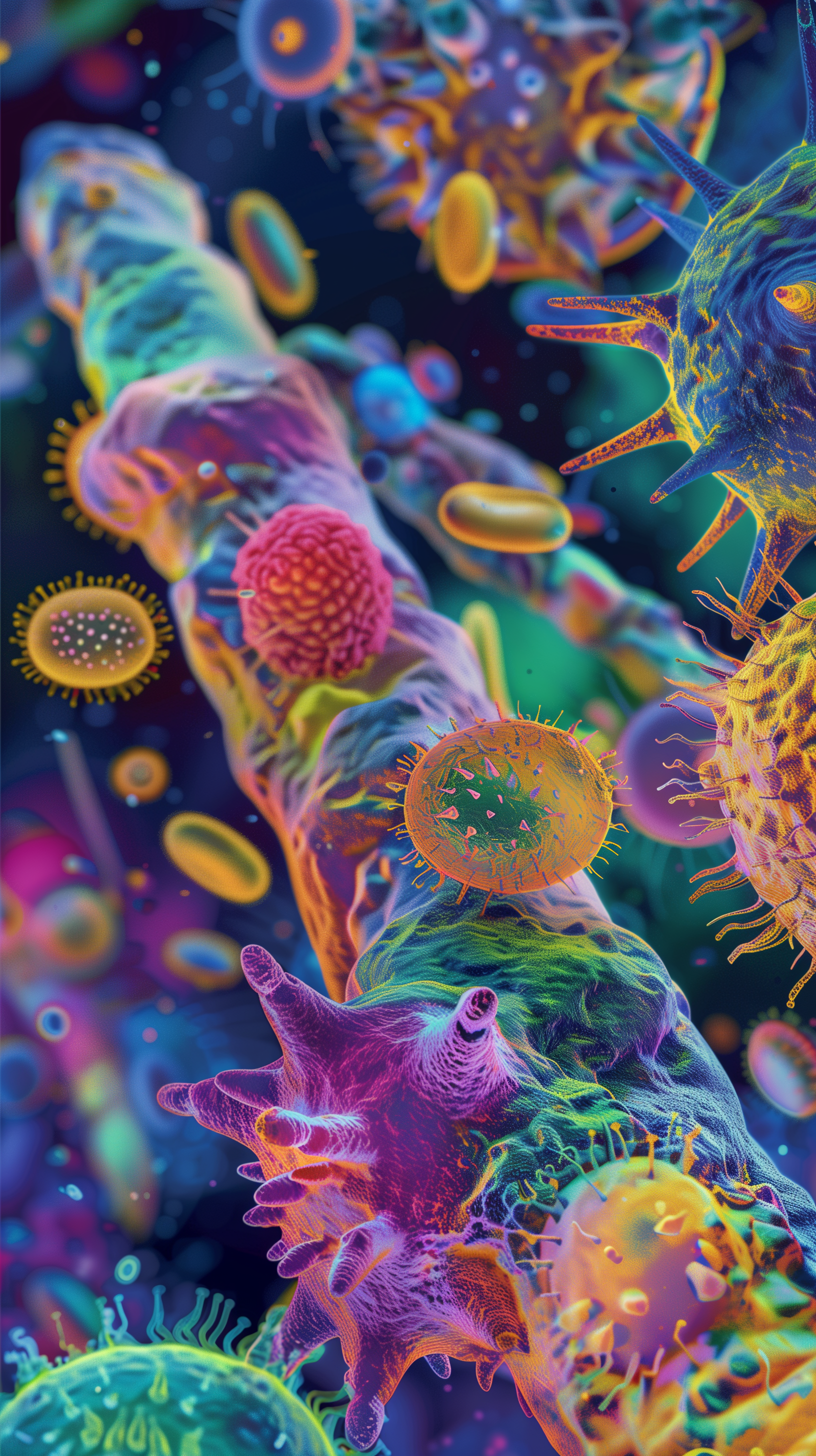 Vibrant, colorful depiction of bacteria and microorganisms, showcasing a detailed, microscopic view of their structures against a dark background, suitable for an HD phone wallpaper.