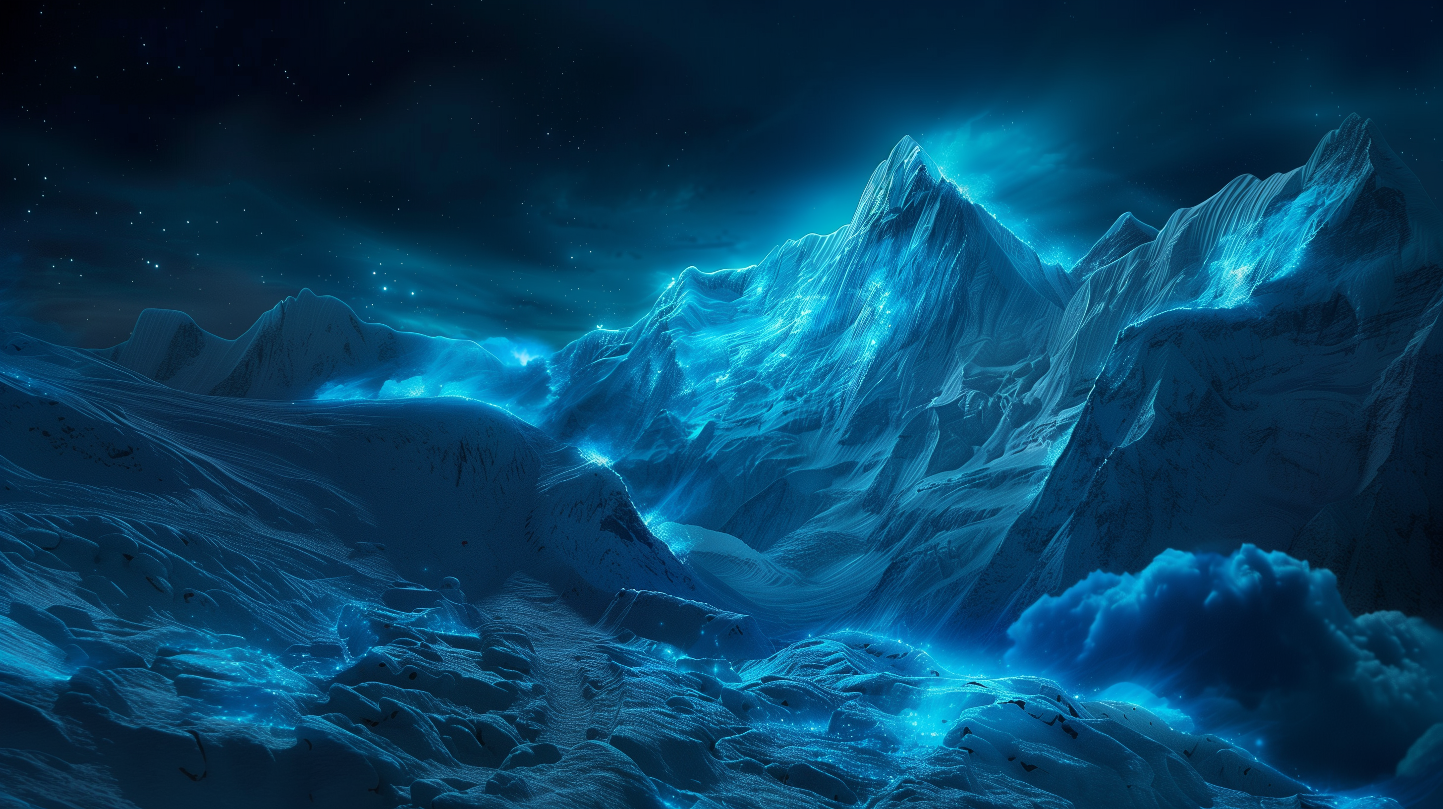 A breathtaking HD wallpaper of majestic mountains illuminated in blue light, showcasing a dramatic snowy landscape under a starry sky.