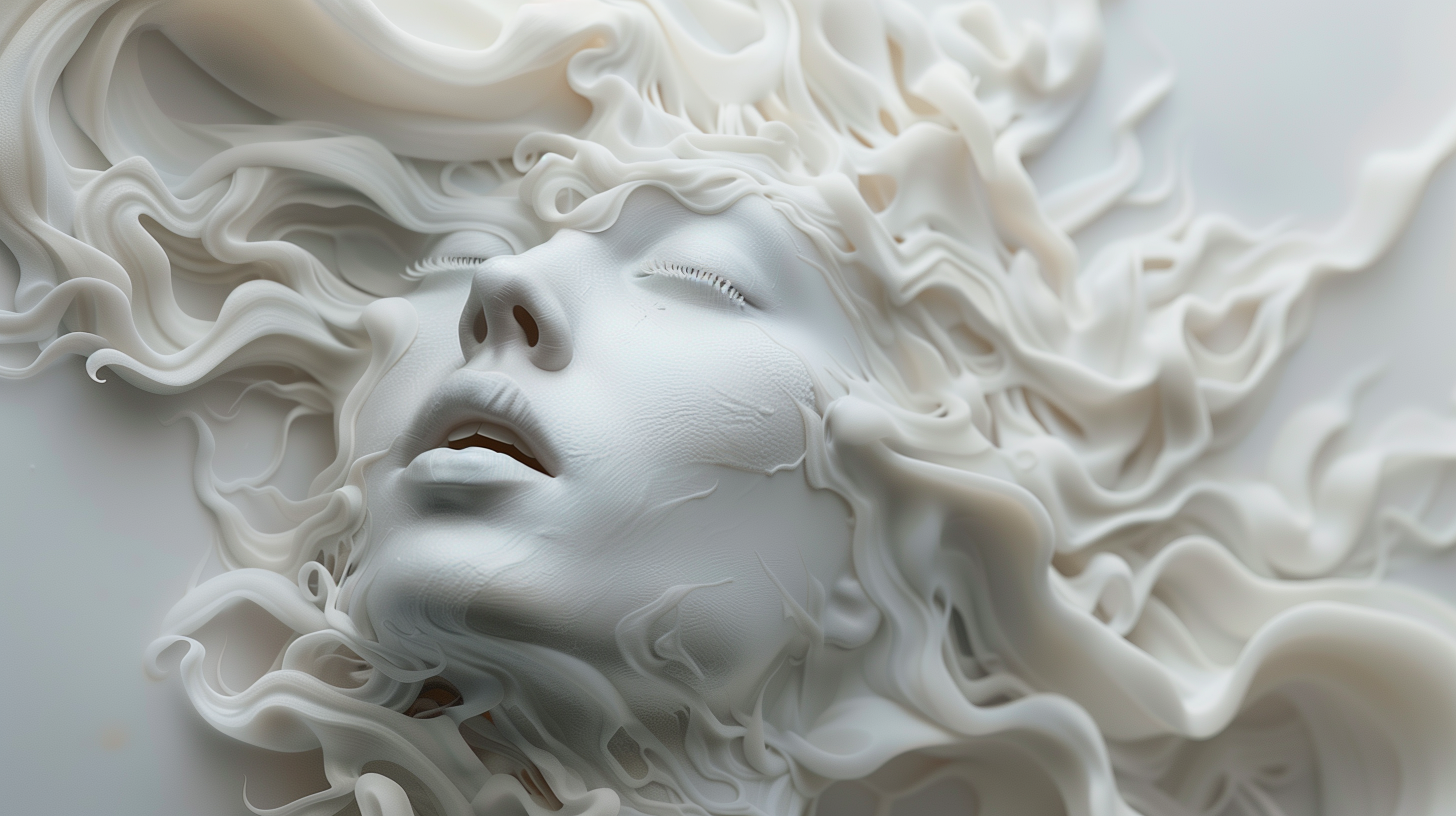 High-definition desktop wallpaper featuring a white abstract sculpture of a woman's face with flowing, intricate details.