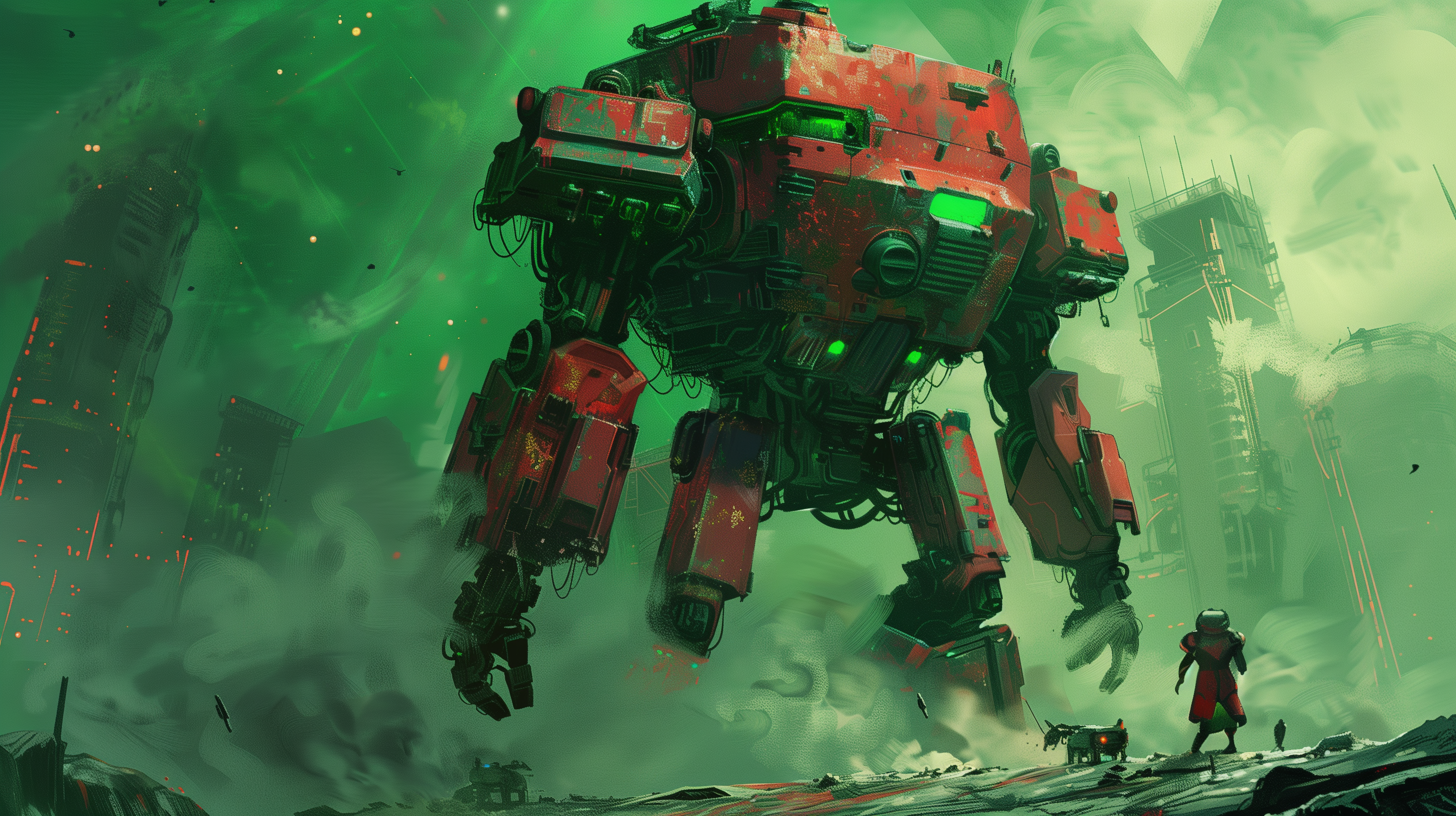 A sci-fi HD desktop wallpaper featuring a large red mech towering over a dystopian cityscape with green skies.