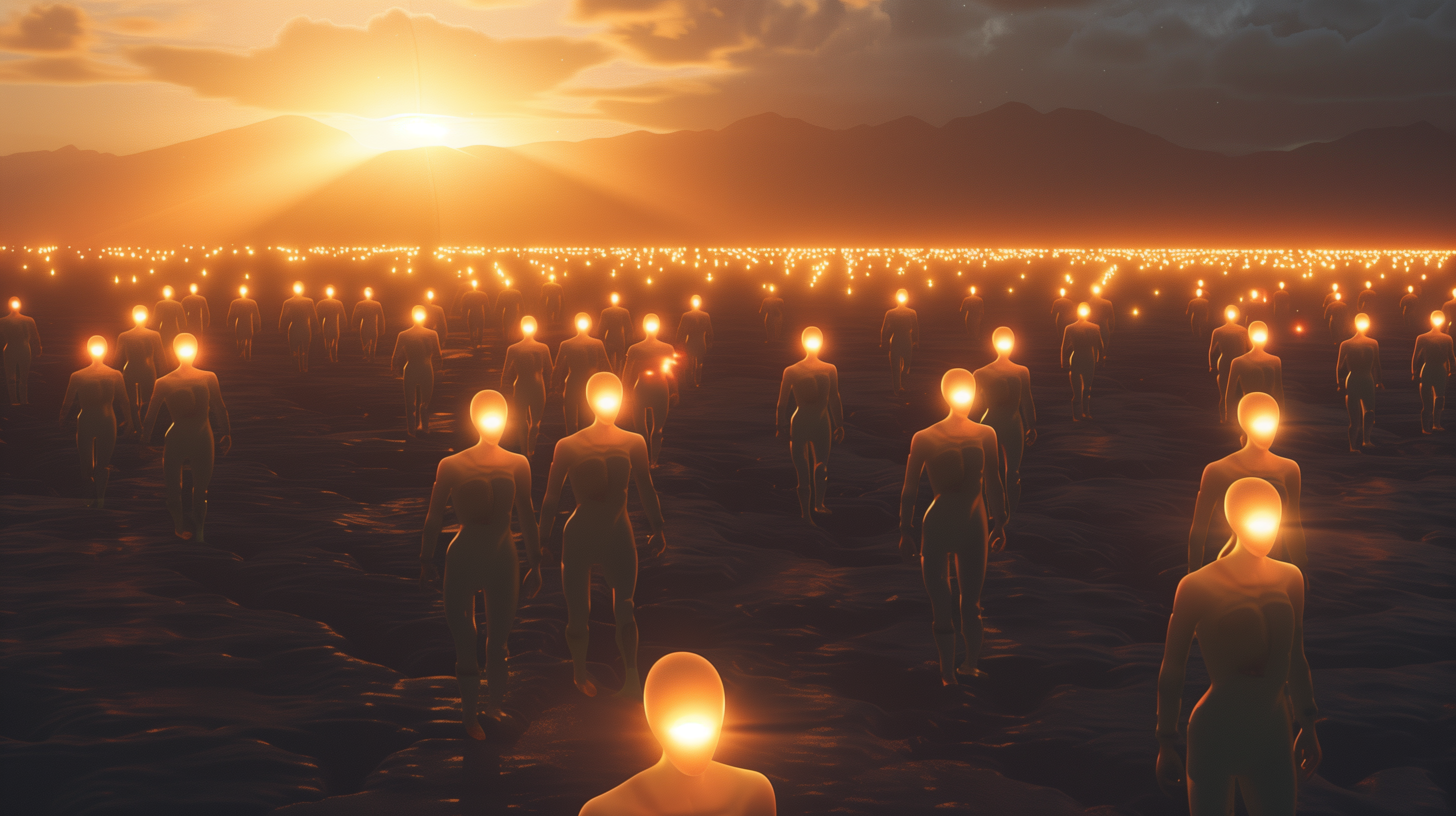 An artistic HD desktop wallpaper featuring numerous human-like figures with glowing heads walking toward a sunset, casting a warm, ethereal light across a vast landscape.