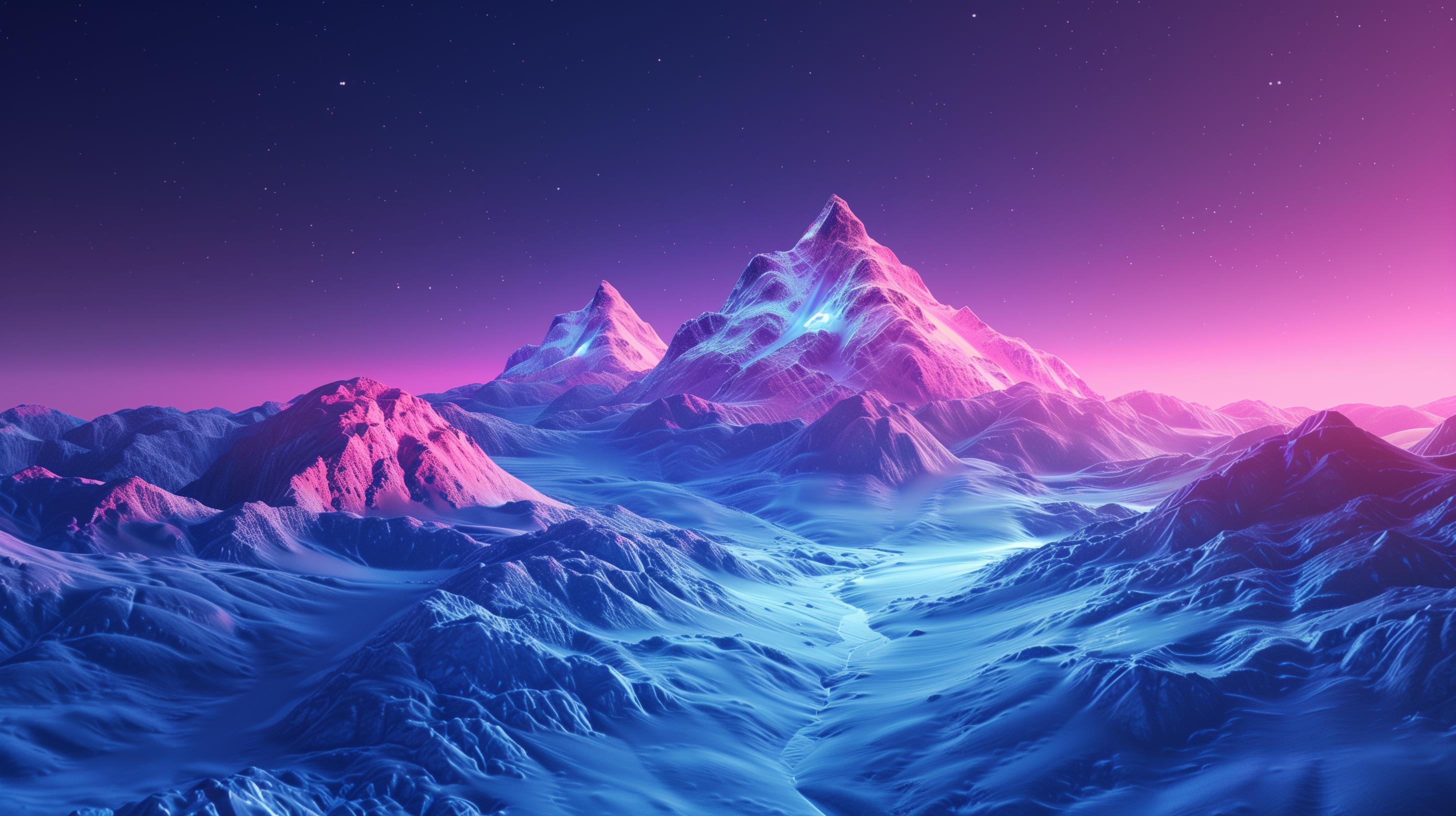 A vibrant HD desktop wallpaper featuring majestic mountains illuminated in shades of pink and blue, set against a starry night sky. Snow-covered peaks create a stunning landscape.