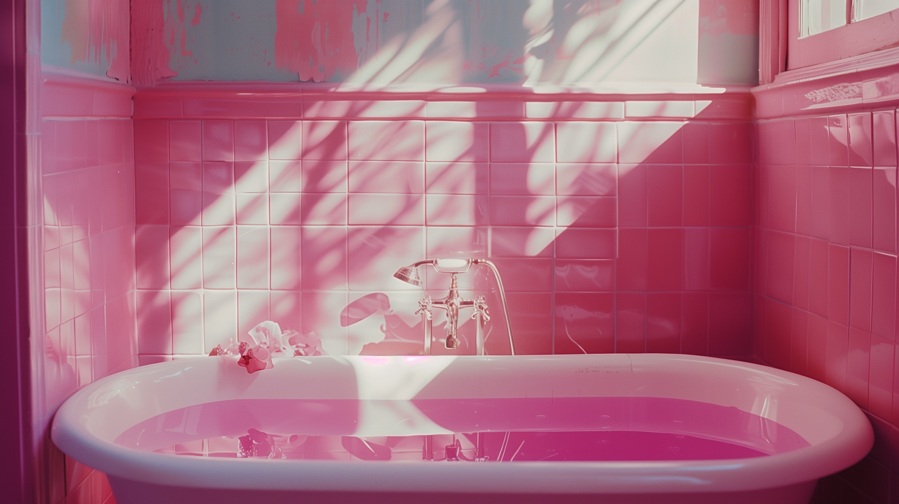 HD desktop wallpaper depicts a pink aesthetic bathroom featuring a bathtub filled with water. Sunlight casts shadows across the pink tiled walls, enhancing the serene and cozy ambiance.