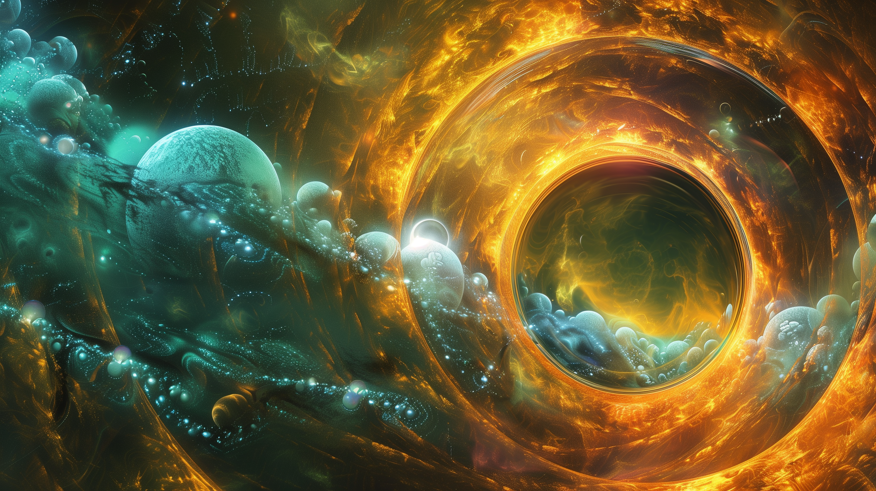 A vibrant sci-fi galaxy illustration featuring swirling cosmic colors and celestial elements. HD Desktop Wallpaper.