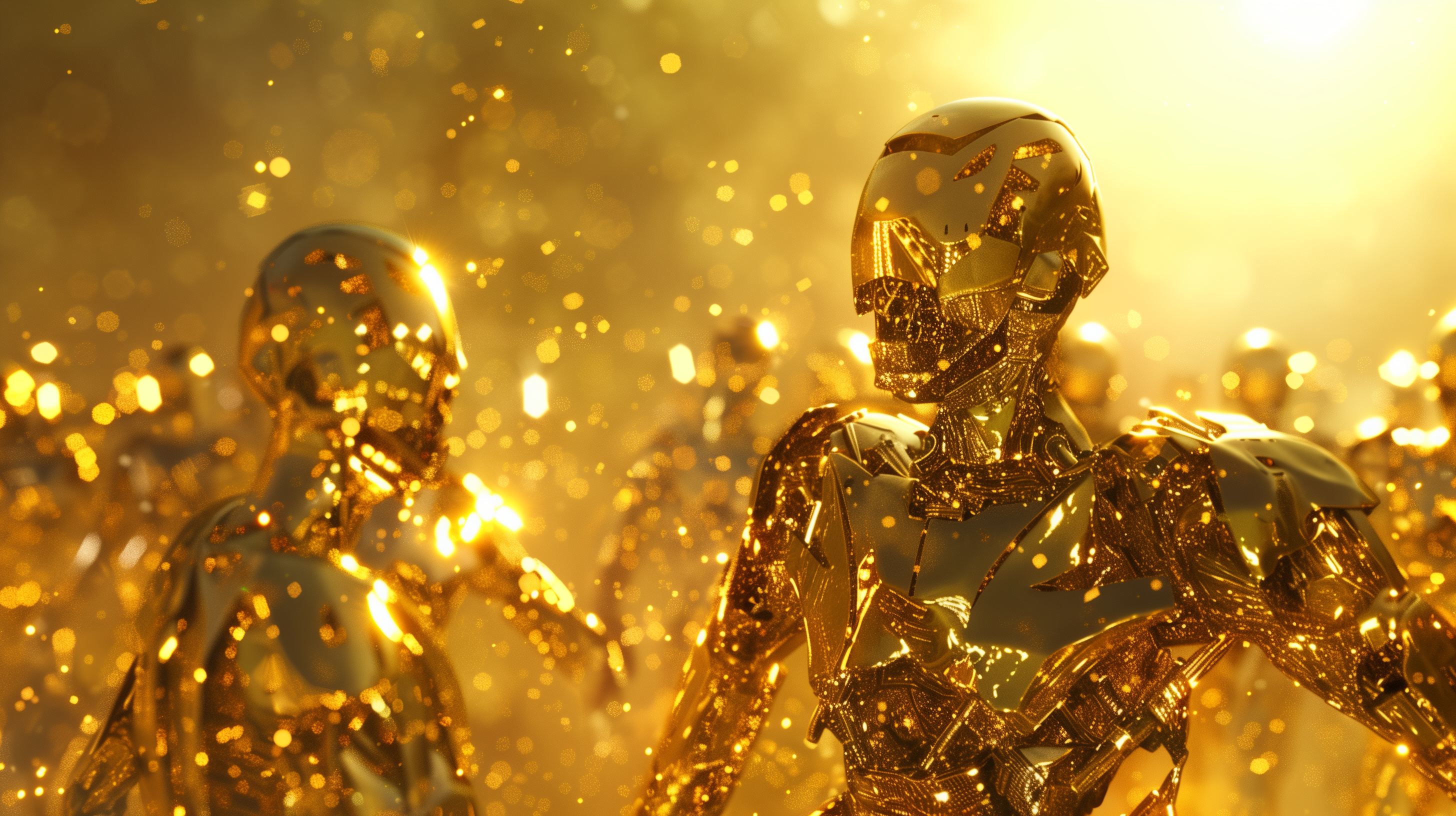 Artistic depiction of golden human-like figures illuminated by sunlight, creating a vibrant and shimmering HD desktop wallpaper.