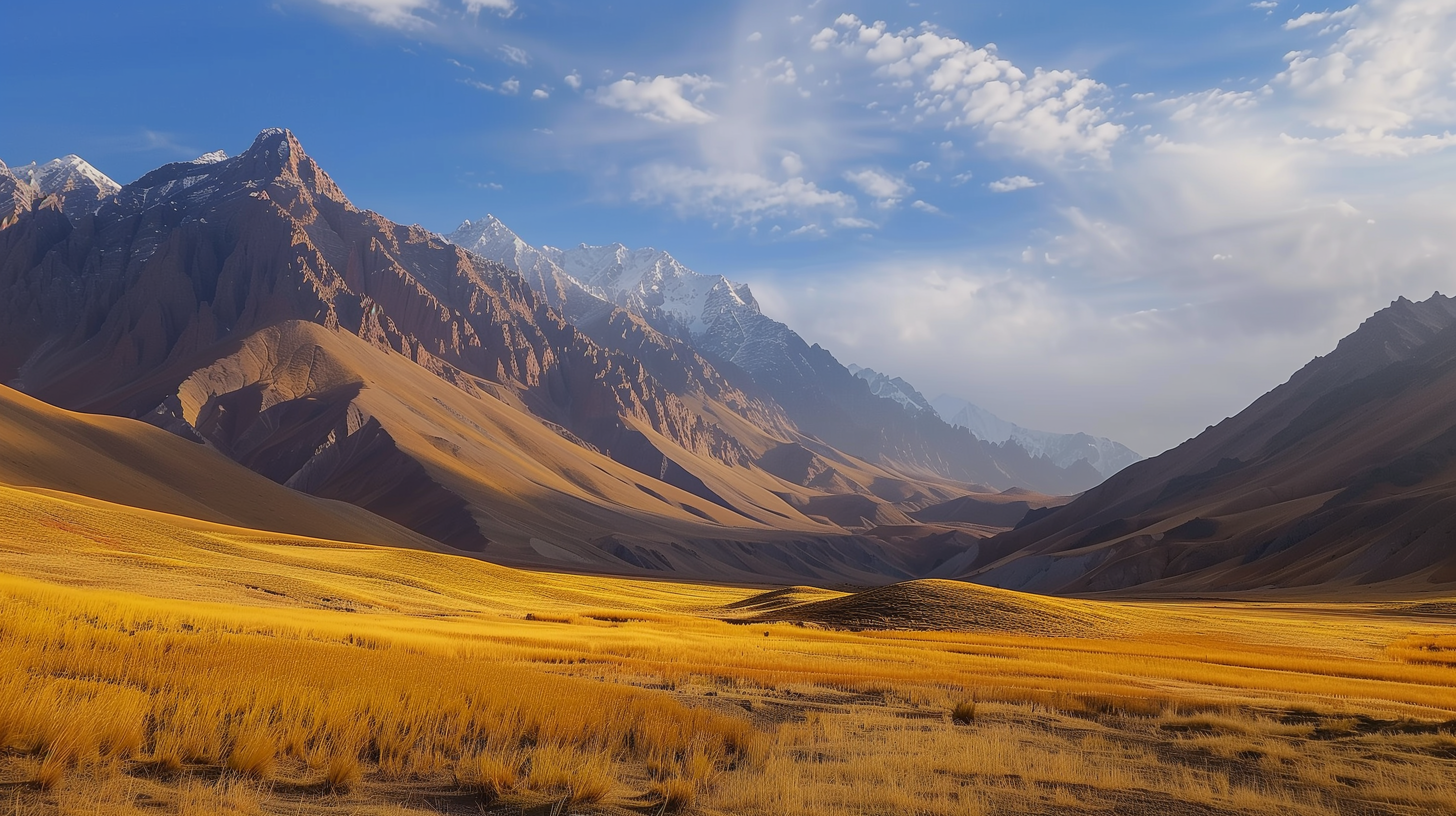 A breathtaking landscape featuring a golden field in the foreground, framed by a majestic mountain range under a blue sky with scattered clouds.