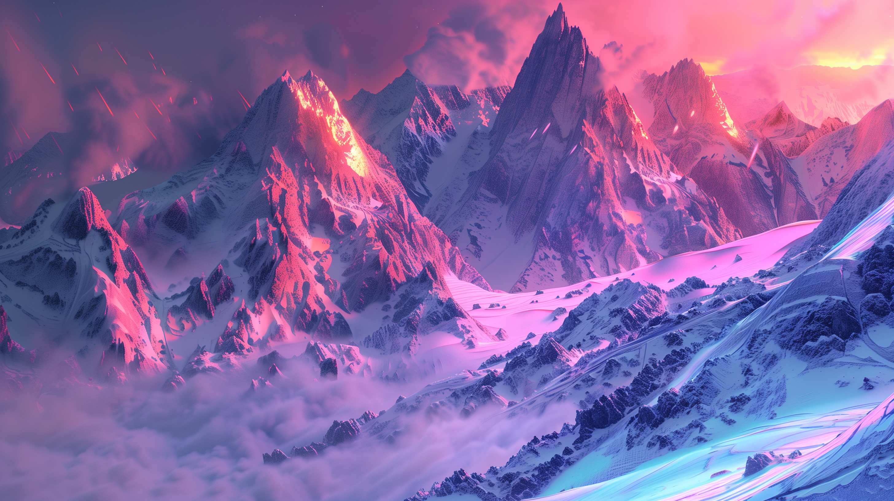 A breathtaking mountain range bathed in warm hues of pink and purple at sunset, with towering peaks emerging from a sea of clouds, creating a stunning digital landscape.