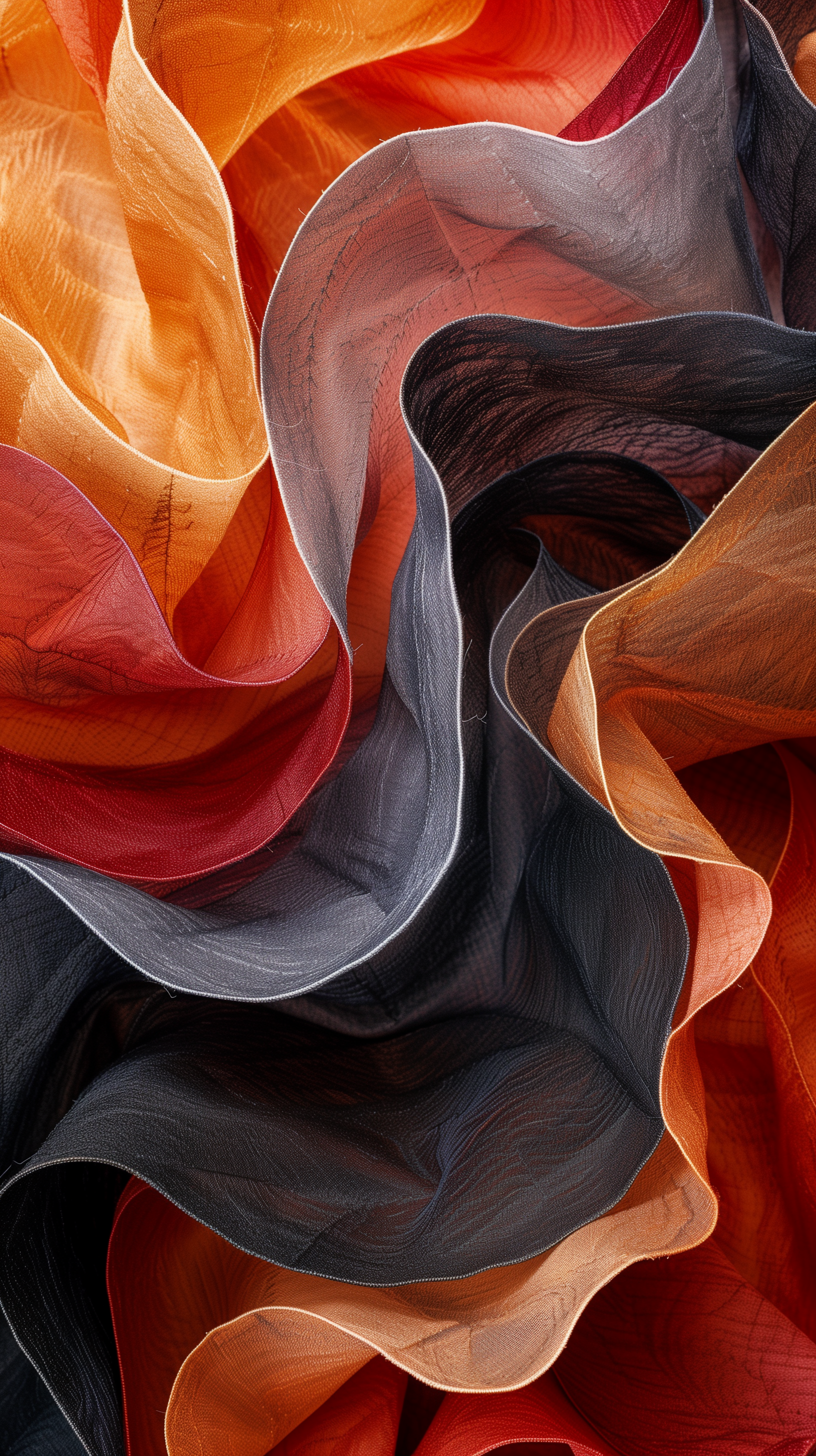 Abstract folds of vibrant fabric in shades of red, orange, and black create a dynamic, flowing texture, ideal for a stunning HD phone or iPhone wallpaper.