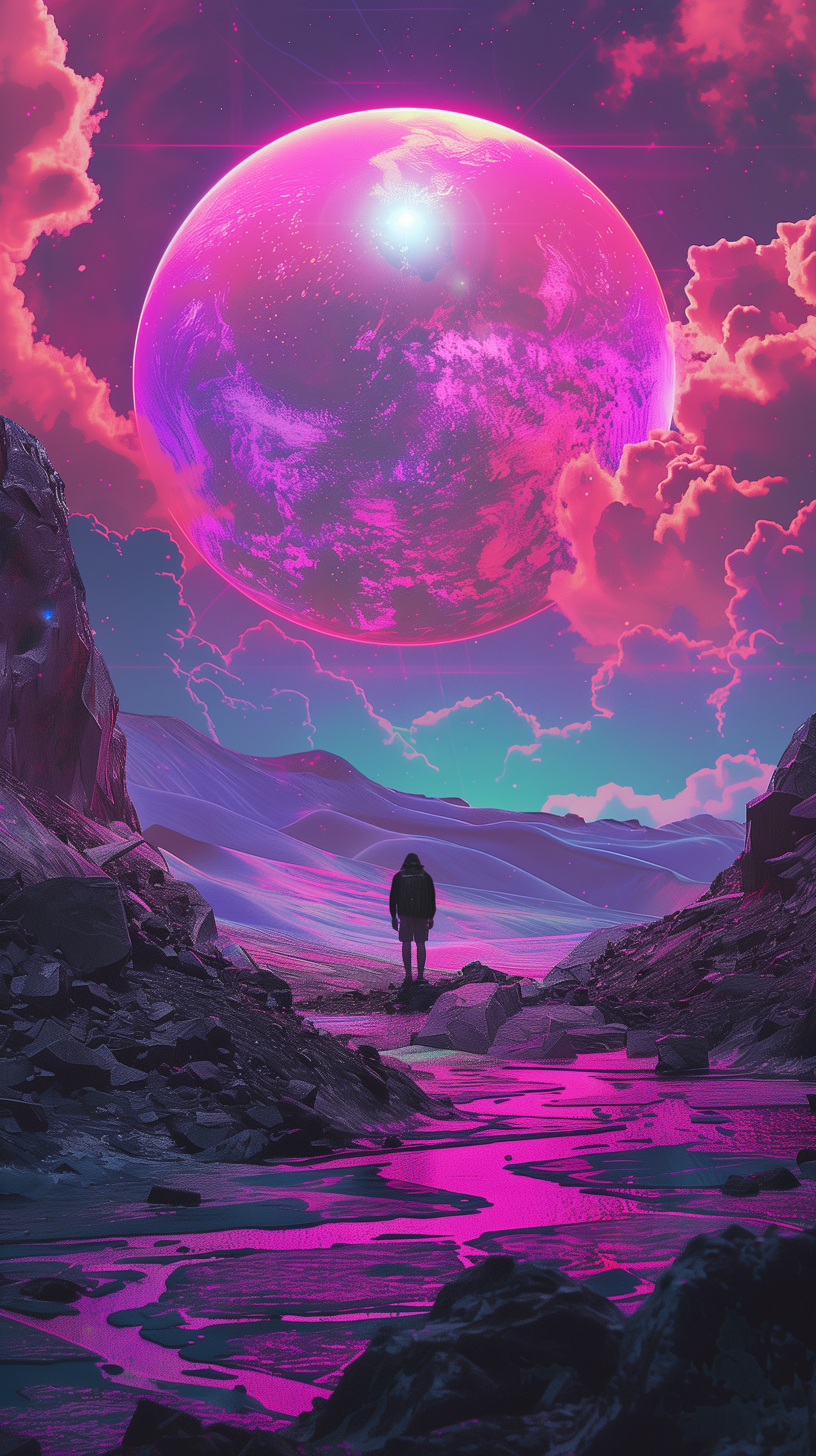 A person stands in a rocky landscape with vibrant, colorful clouds and a large, radiant planet in the sky, creating a sci-fi atmosphere.