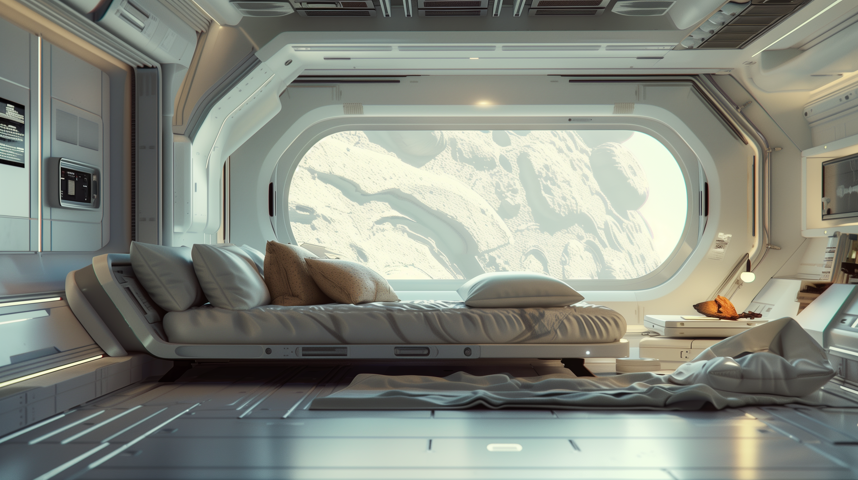 A sleek sci-fi space station interior with a white aesthetic features a cozy bed beside a large window showcasing a rocky extraterrestrial landscape.