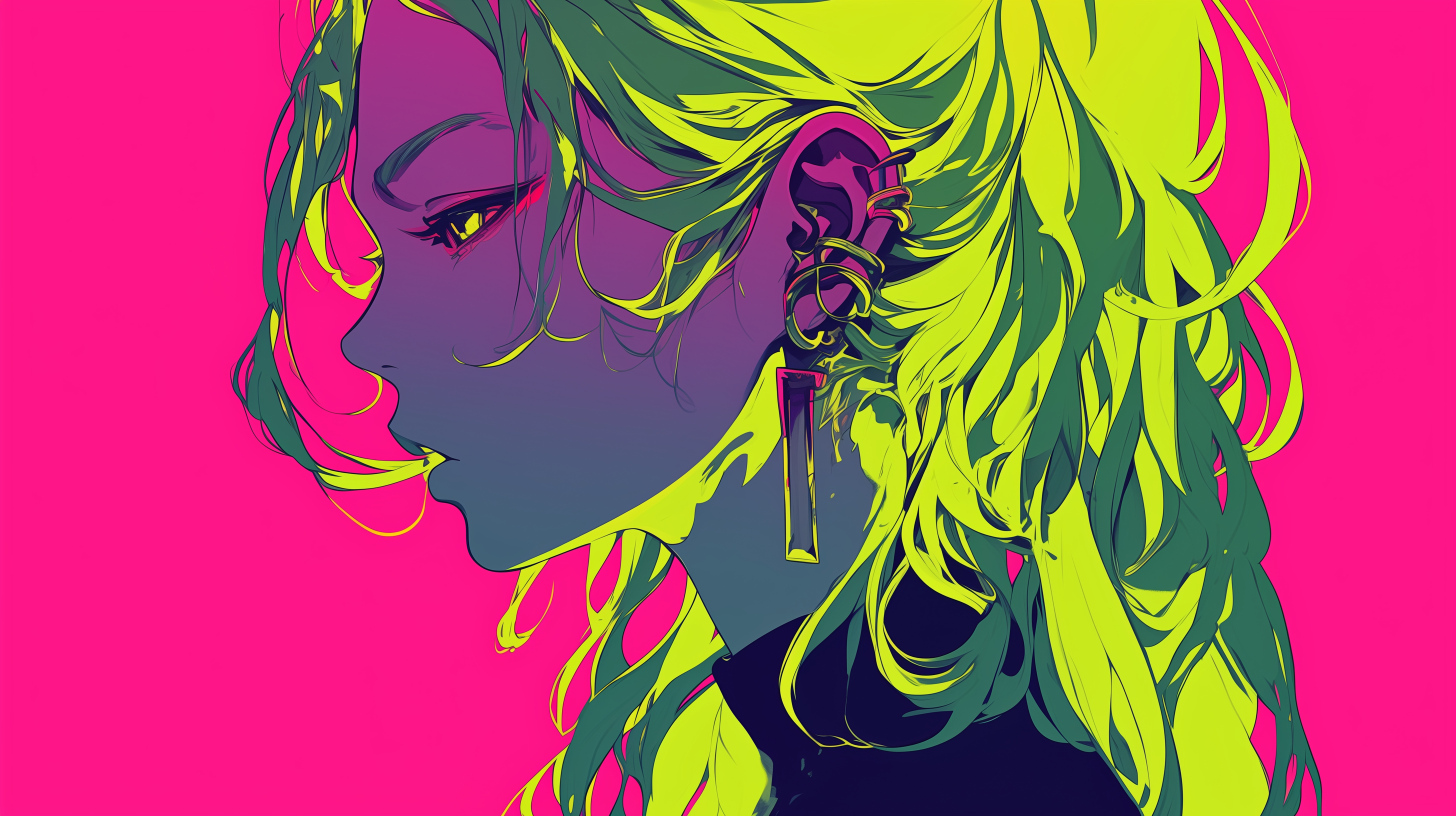 A vibrant anime woman with long, neon green hair and bold earrings gazes thoughtfully to the side, set against a striking pink background.