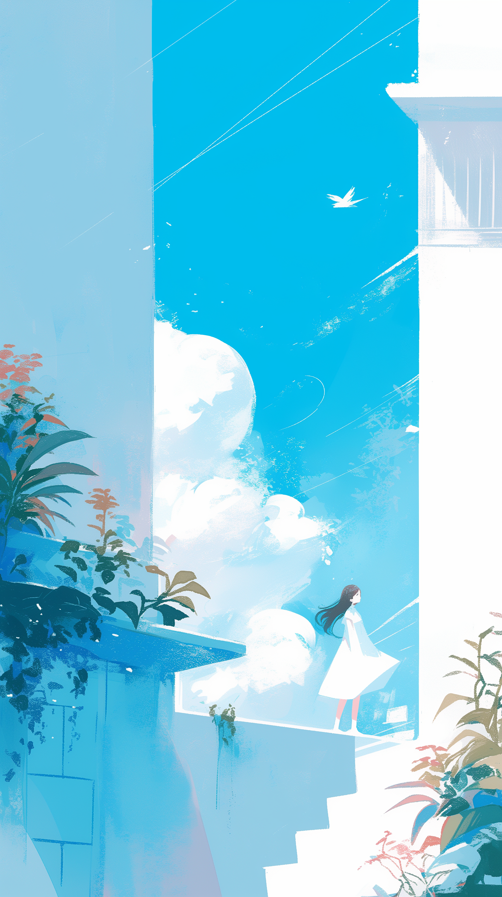 Artistic HD phone wallpaper featuring a serene scene with a woman in a white dress standing on steps, surrounded by plants, under a bright blue sky with clouds and a bird in the distance.