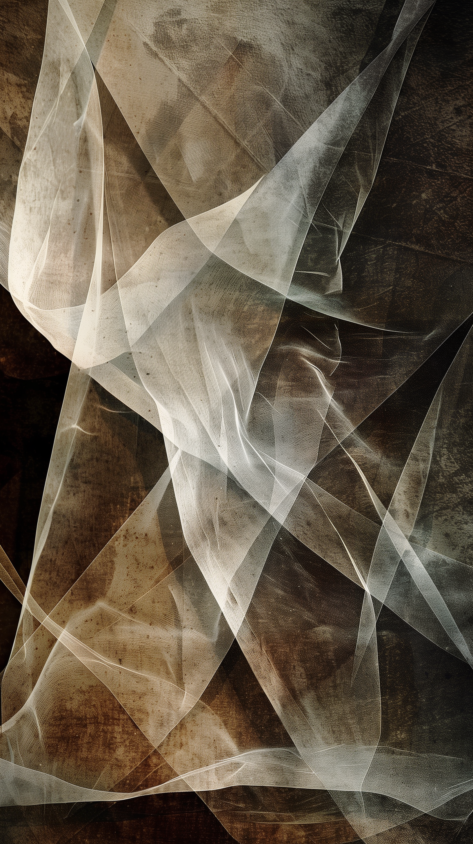 Abstract swirls of translucent fabric in shades of brown and cream, creating a textured, layered effect. This image serves as a captivating HD iPhone wallpaper.