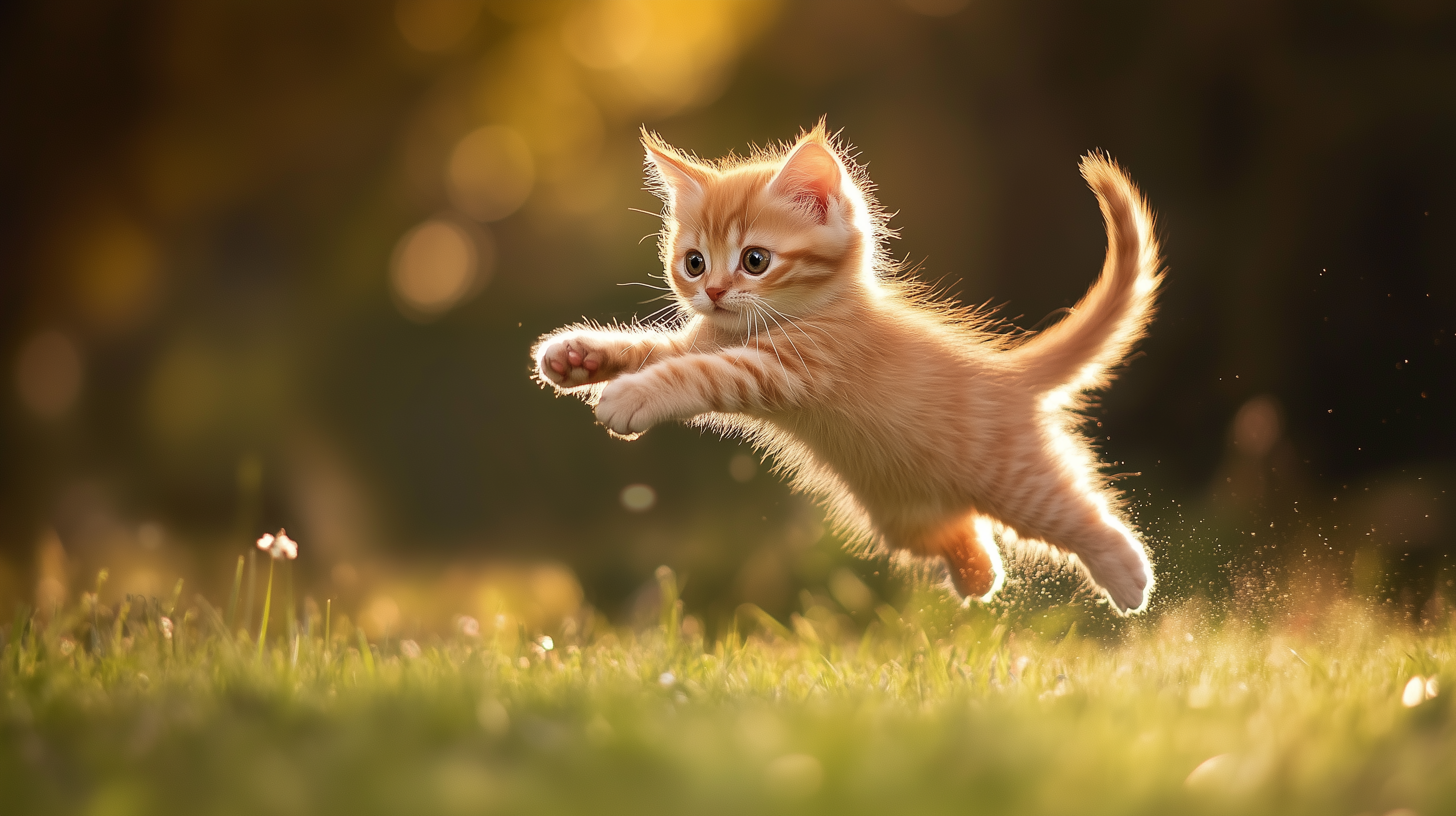 A cute orange kitten joyfully jumps through a grassy field, with golden sunlight highlighting its playful energy.