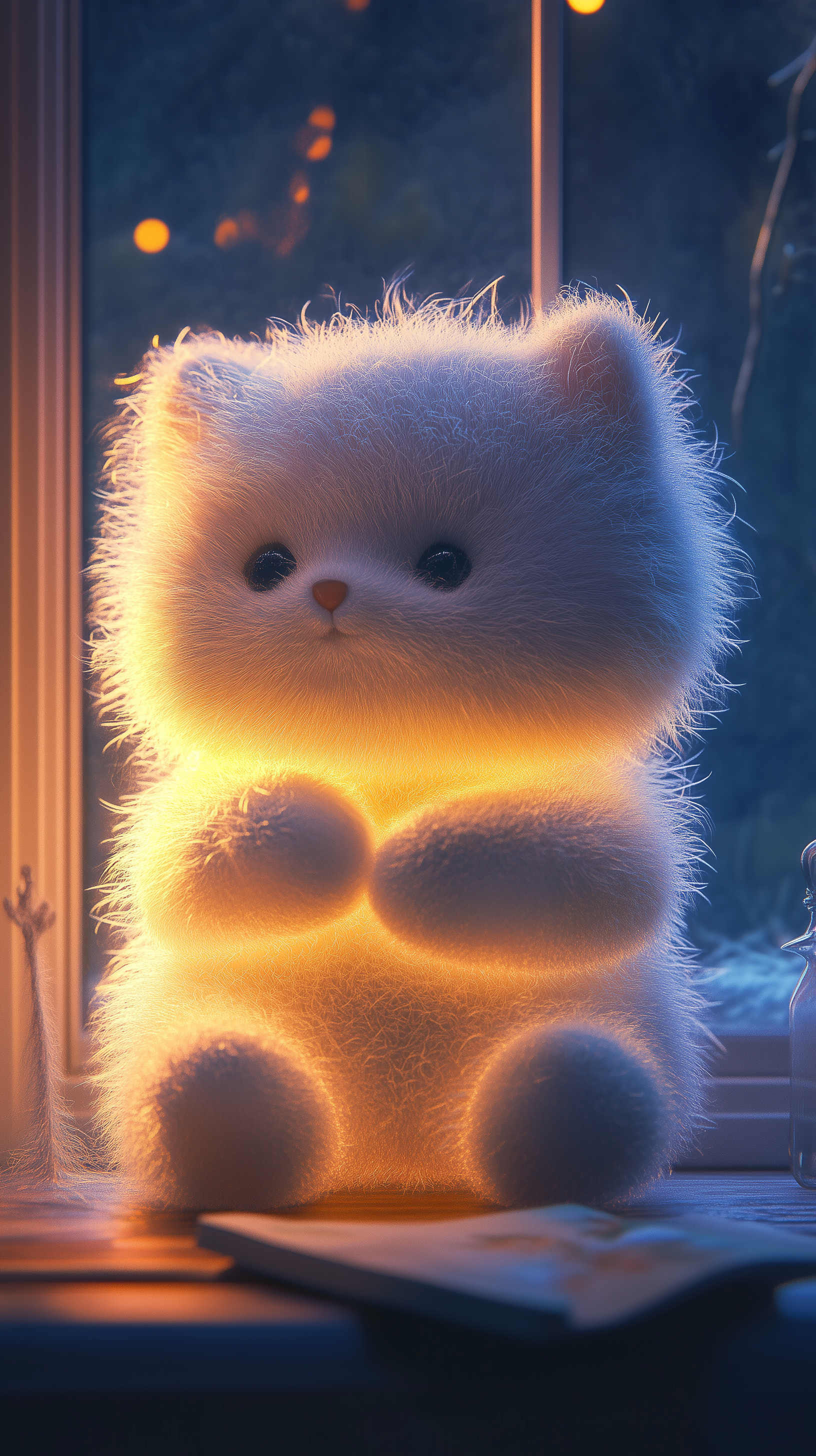 A cute, fluffy white cat figure emits a warm glow, sitting peacefully by a window with soft lighting and a cozy atmosphere, creating a charming HD phone/iPhone wallpaper.