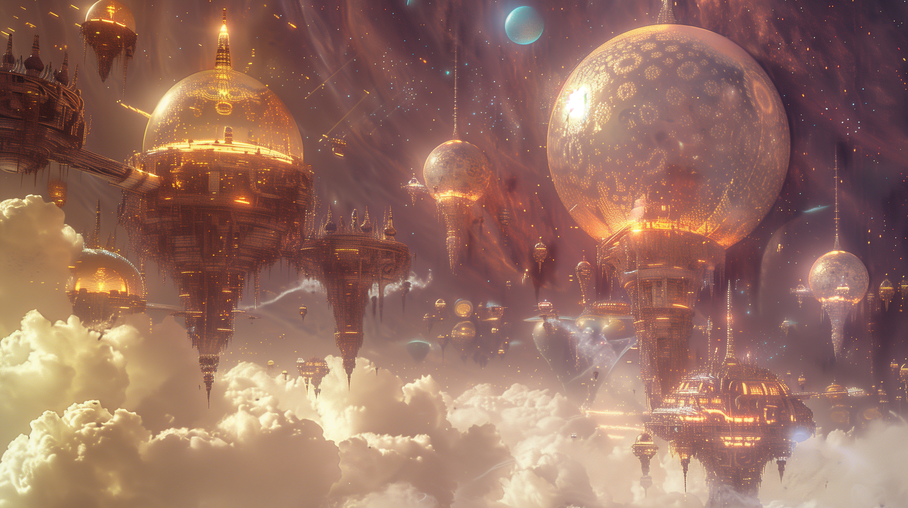 A fantasy scene depicting a floating city with glowing spheres and structures suspended above clouds, set against a cosmic background with distant planets.