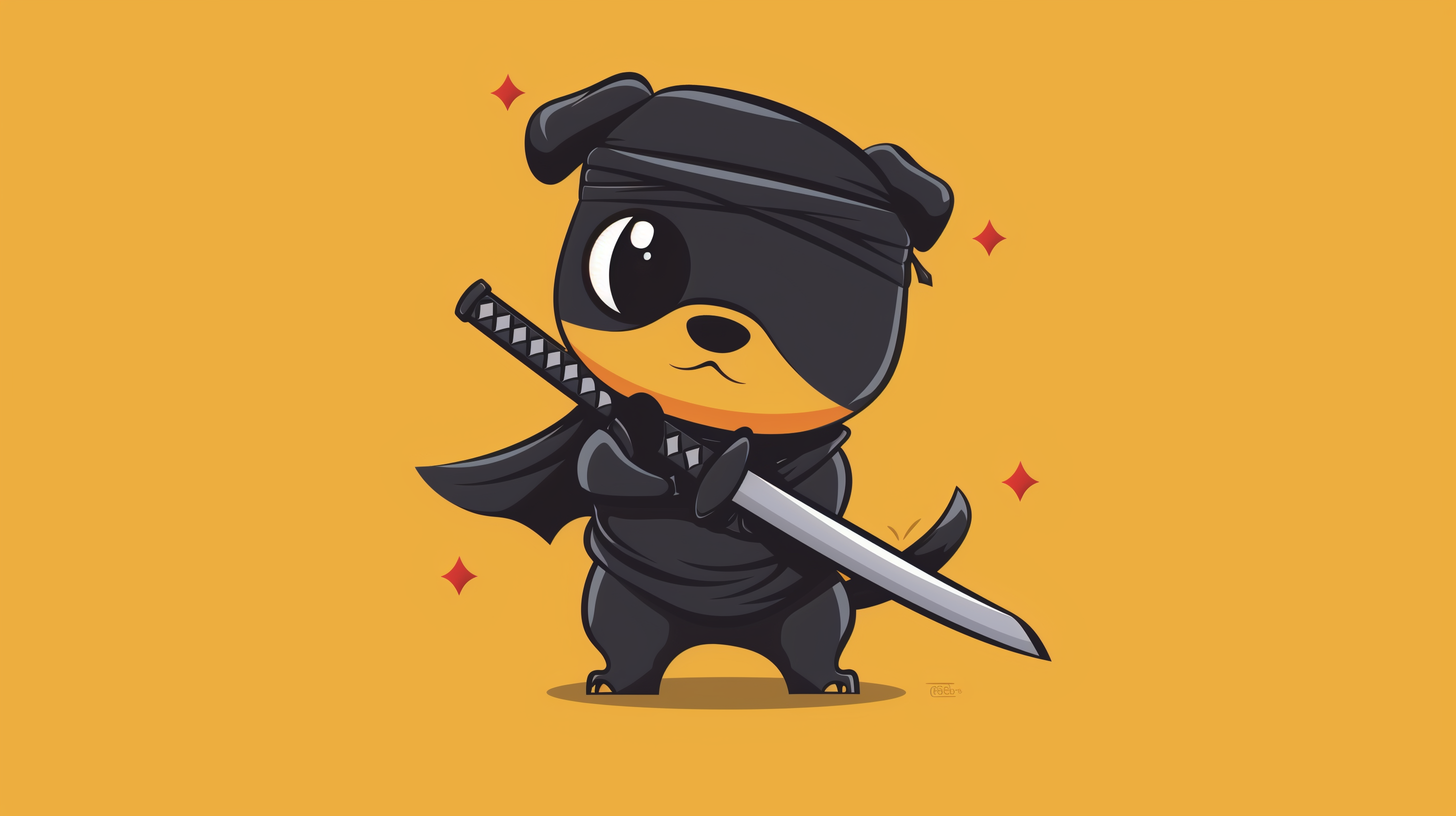 A cute cartoon dog dressed as a ninja holds a sword, standing against a vibrant yellow background, exuding charm and playfulness.