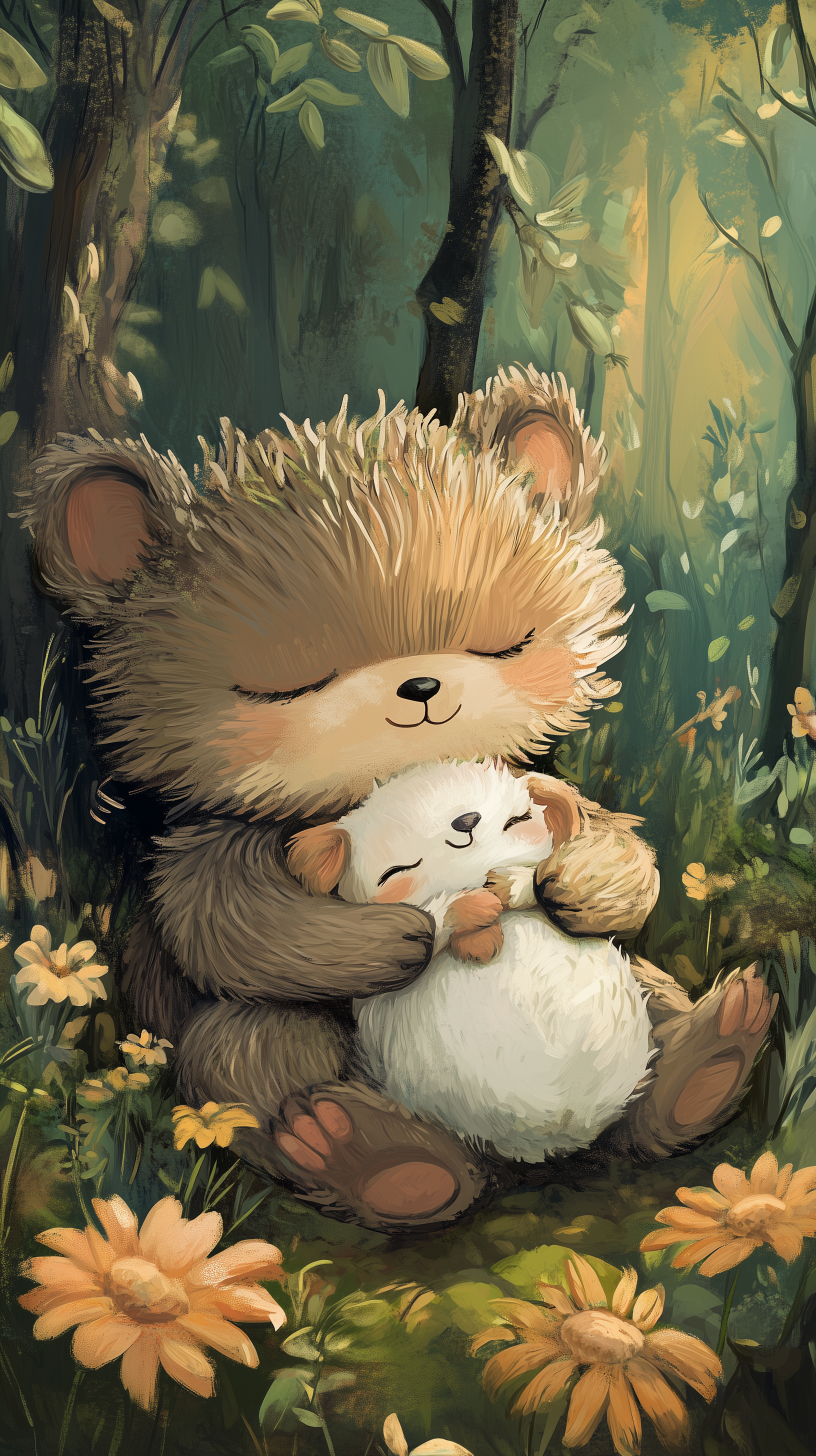 A cute, fluffy bear gently cradles a sleeping white animal in a sunlit forest adorned with flowers, creating a serene and cozy atmosphere, perfect for an HD phone wallpaper.