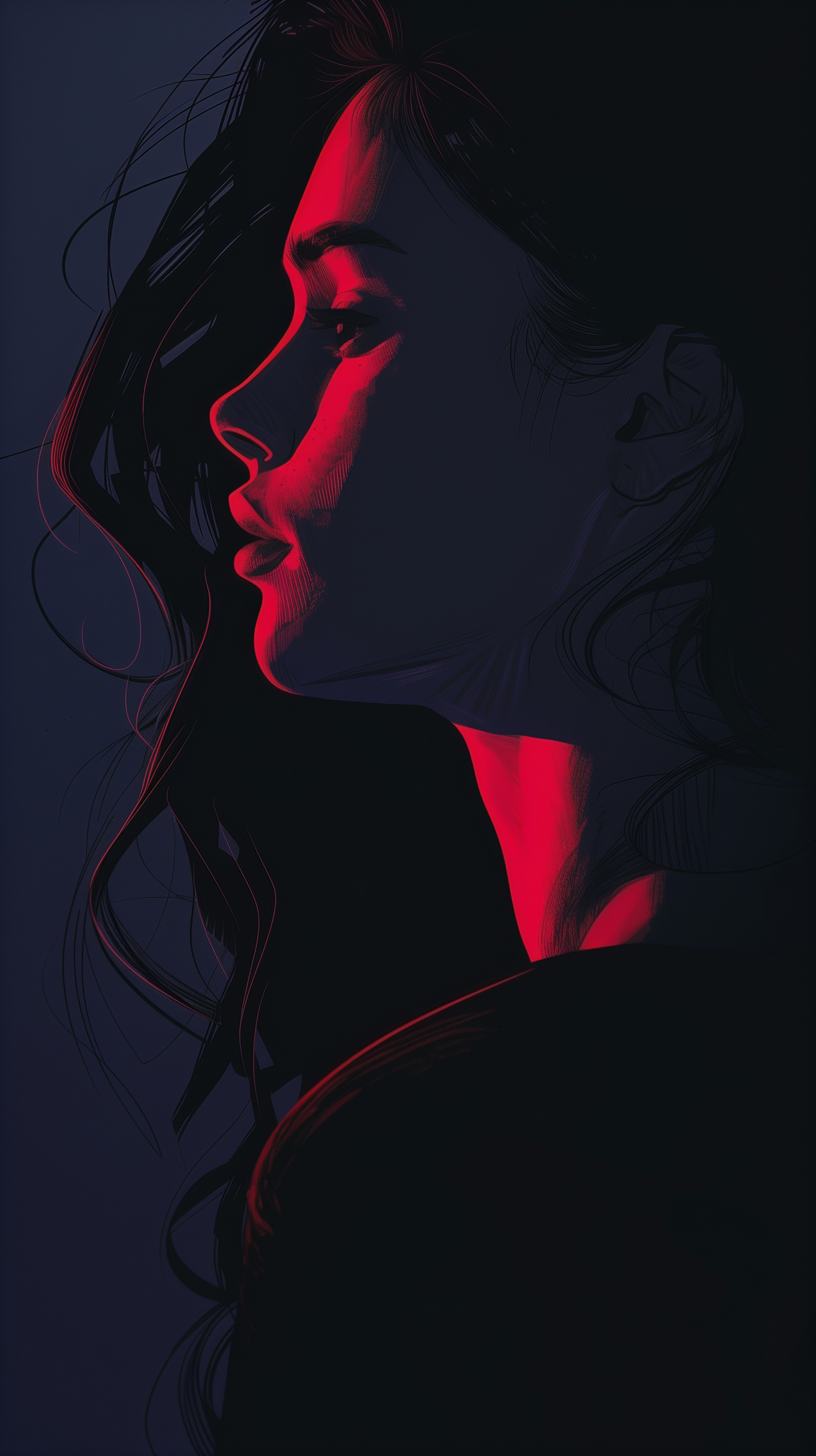 Aesthetic portrait of a woman in profile, illuminated by cool red and dark tones, creating a striking visual contrast ideal for an HD phone wallpaper.