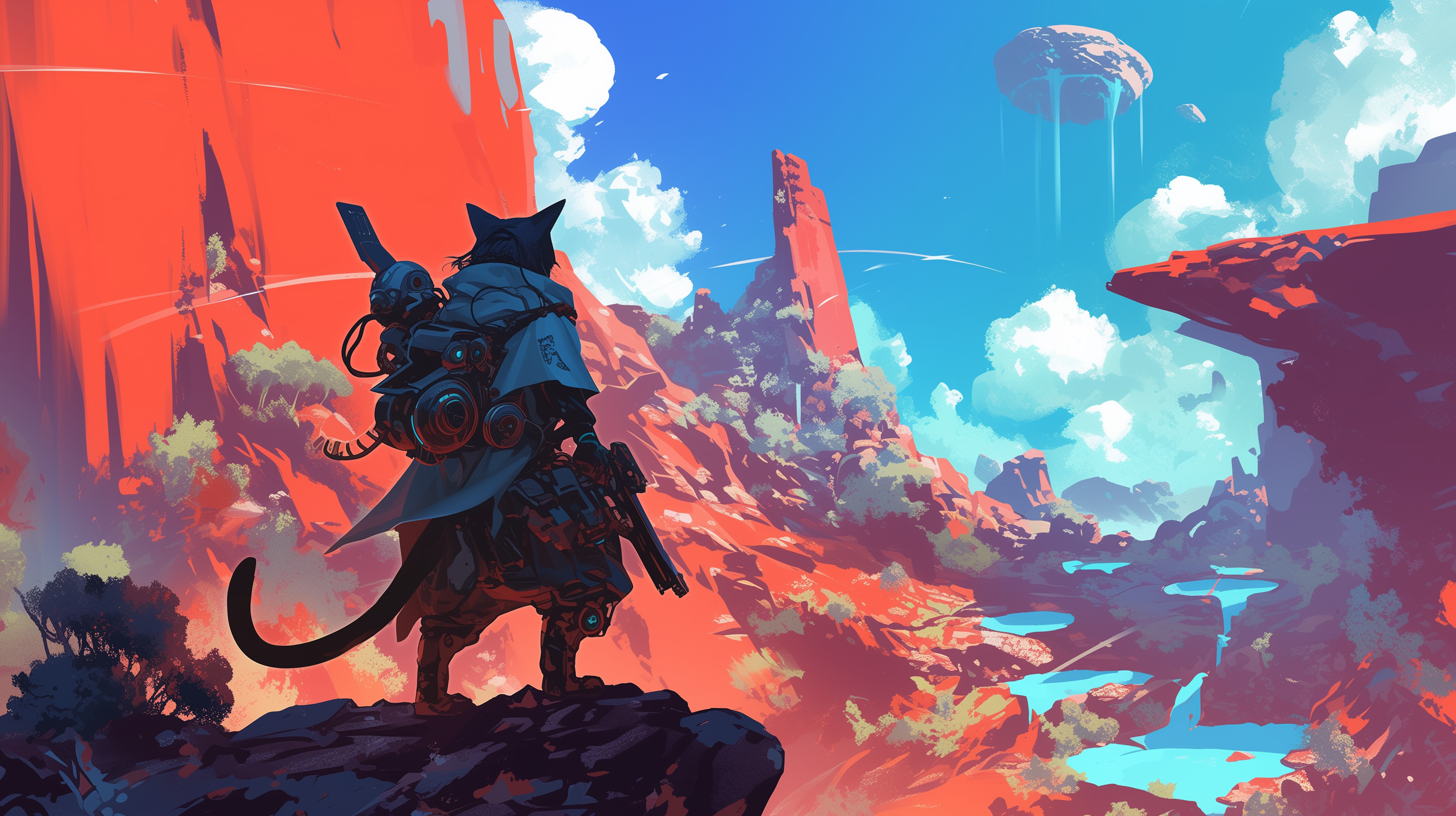 A sci-fi adventure scene featuring a cat with advanced gear on a rocky terrain, overlooking a landscape with floating islands and vibrant, colorful plains. HD desktop wallpaper.