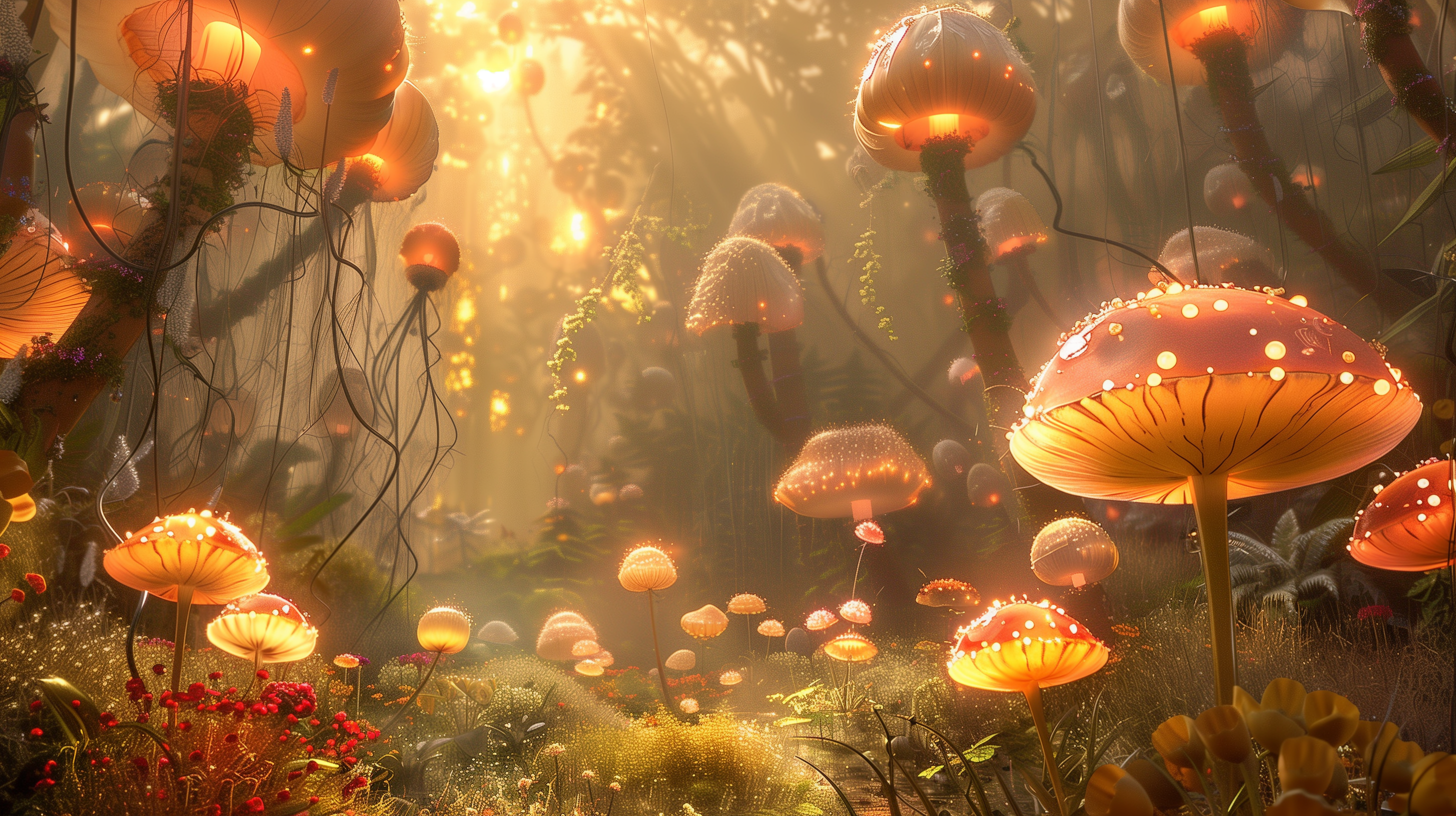 A fantasy forest with glowing mushrooms under a warm, golden light, creating a magical and enchanting atmosphere.