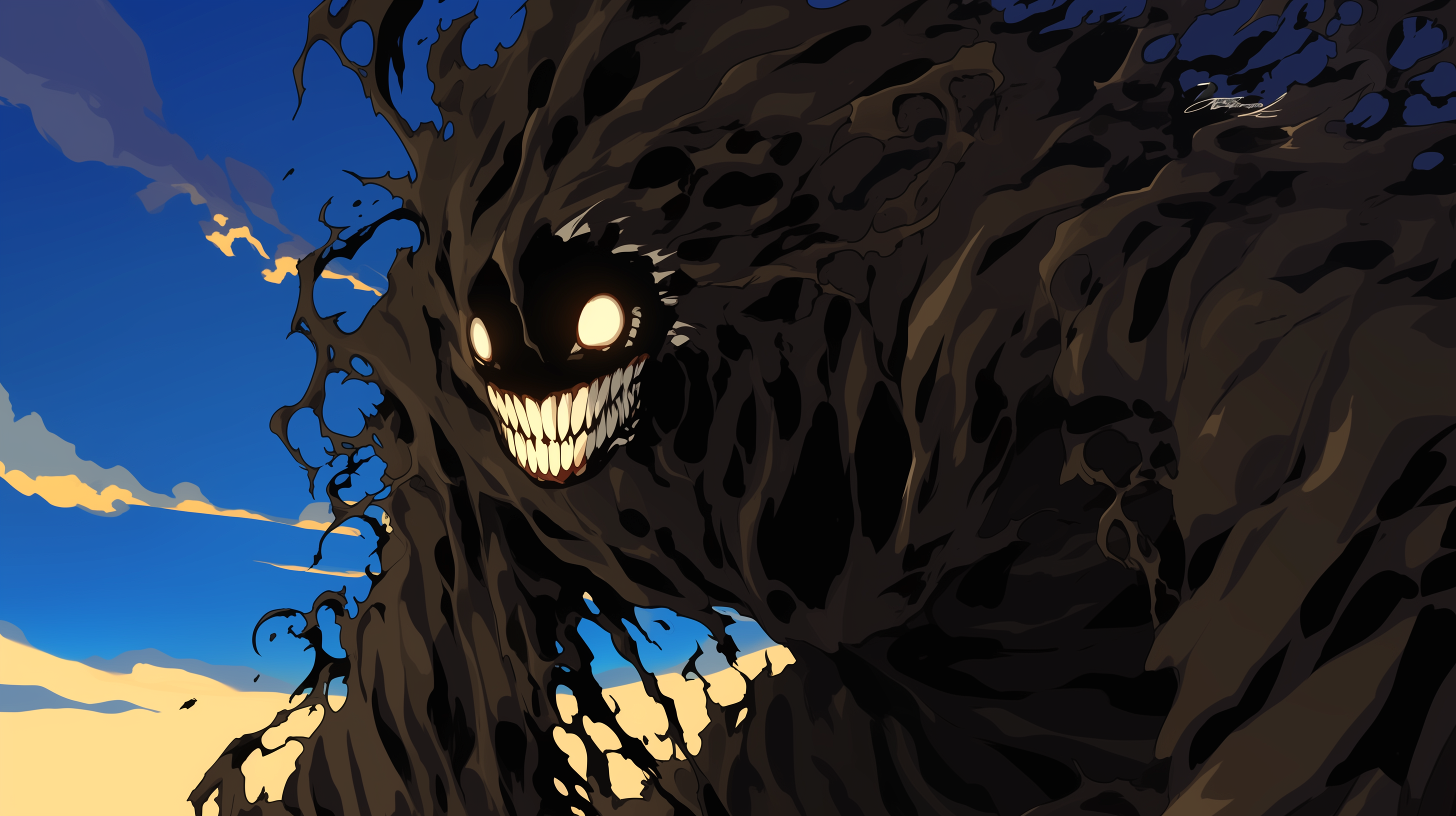 An HD desktop wallpaper featuring an anime-style depiction of a menacing sludge monster with a sinister grin, set against a vibrant sky background.