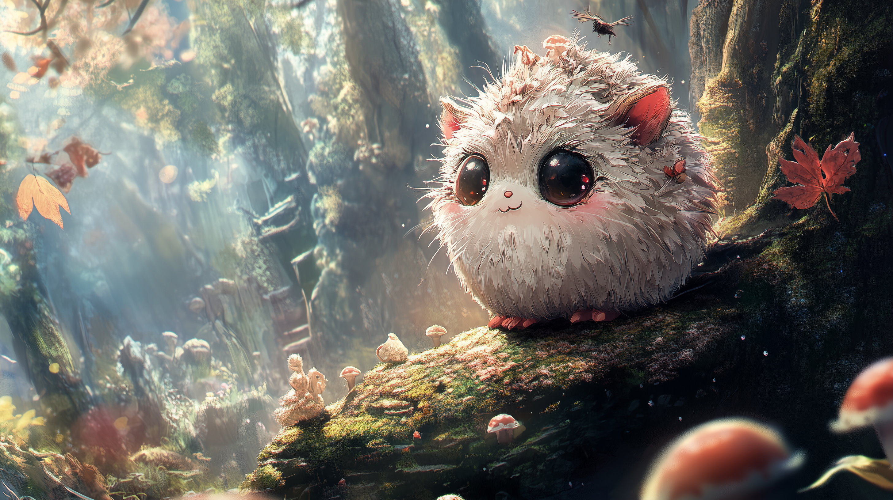 A cute, fluffy creature with large eyes sits on a mossy log in a serene forest filled with mushrooms and soft sunlight filtering through the trees.