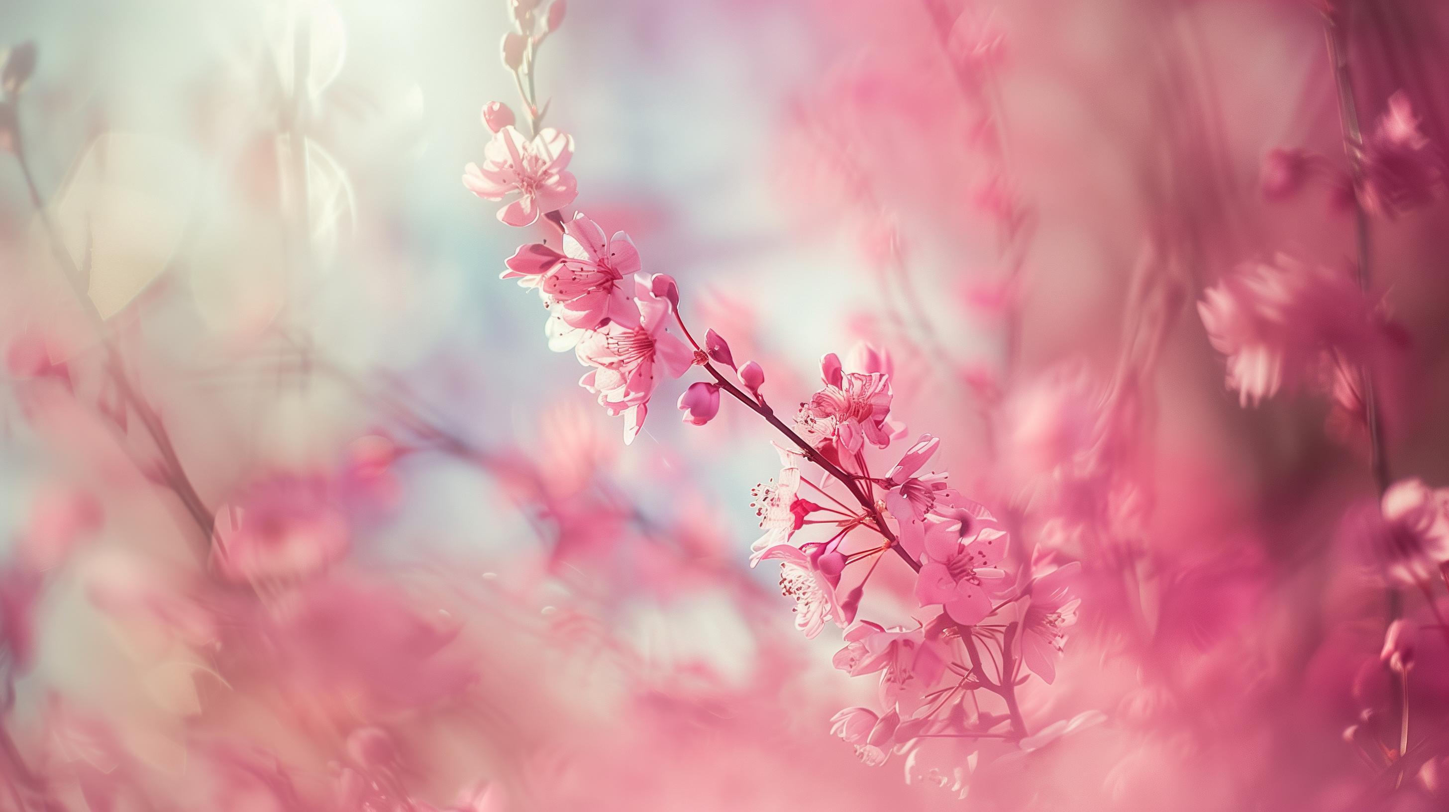 A delicate branch of pink blossoms surrounded by soft, blurred hues of pink, creating a dreamy atmosphere in the image.